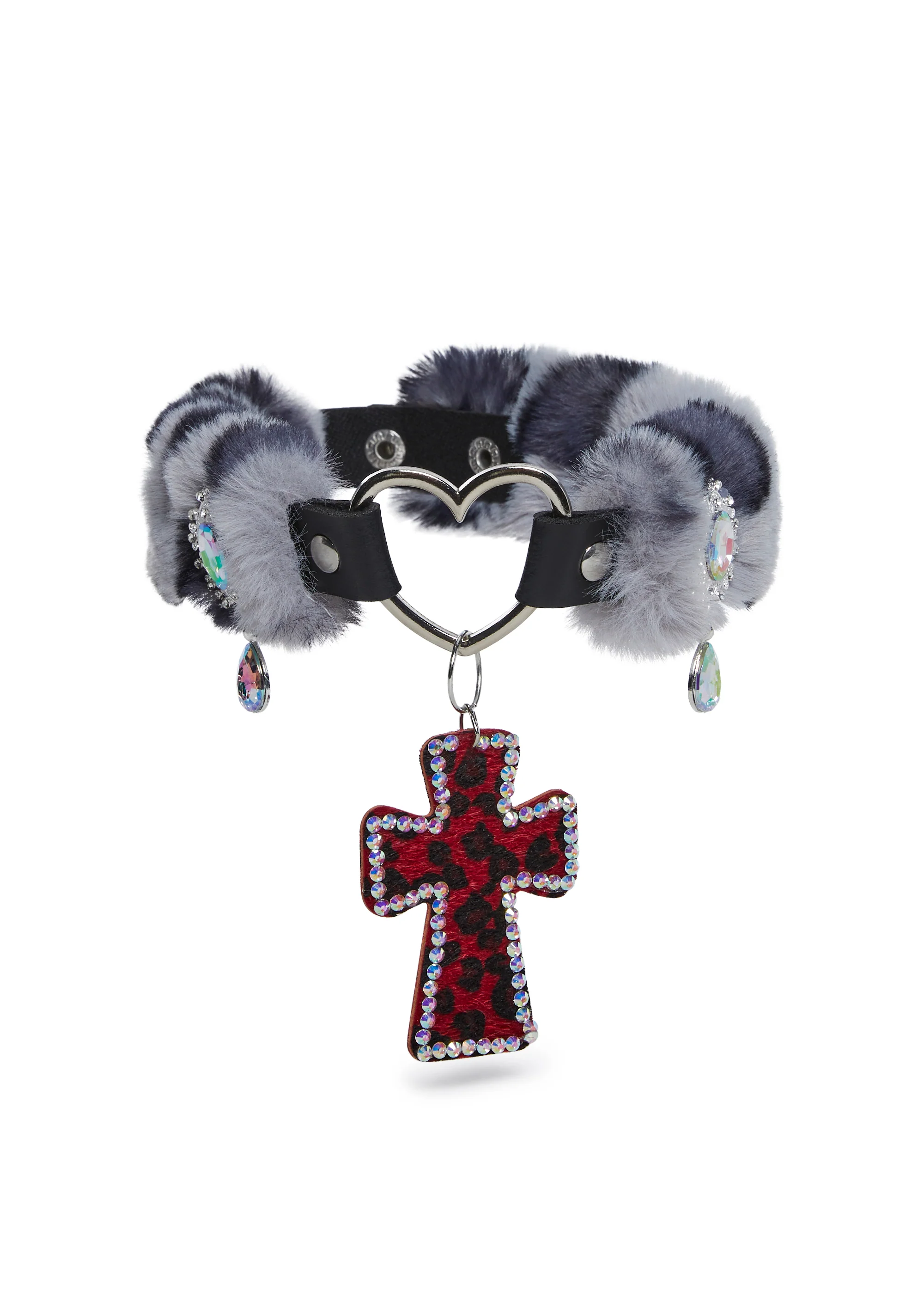 Vampy Wink Fur Cross Necklace - Gray - Image 3