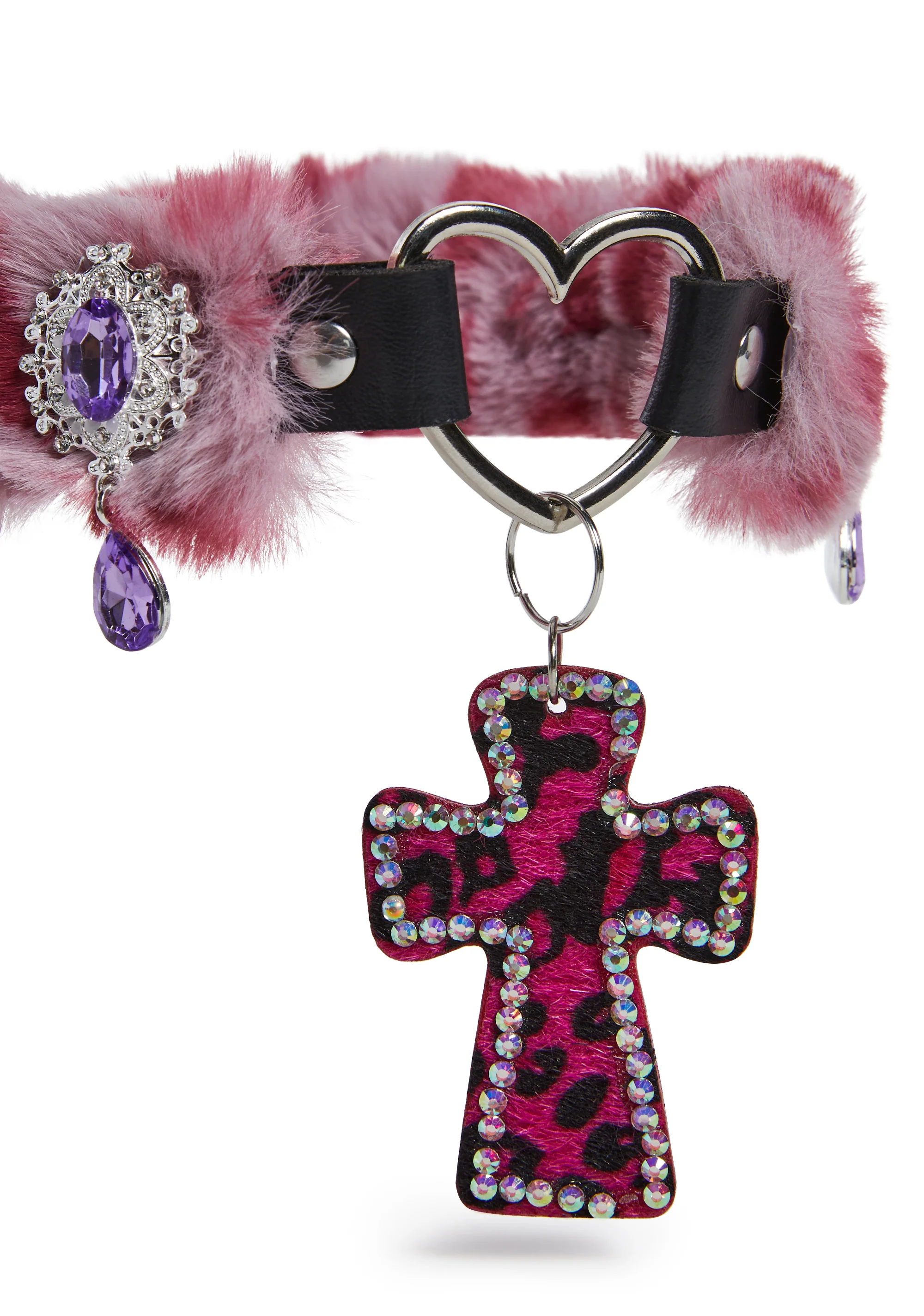 Vampy Wink Fur Cross Necklace - Pink - Image 3