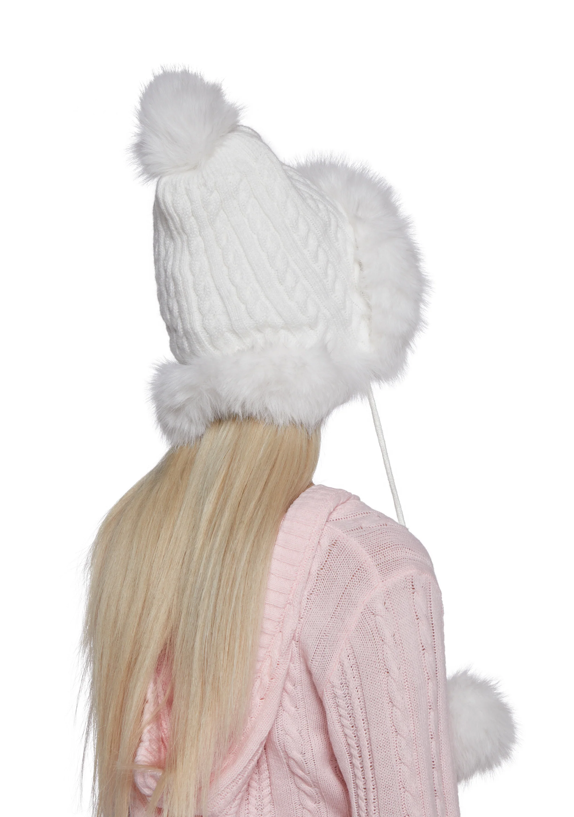 Bubble Pop Faux Fur Hat With Pom Poms - White - Image 3