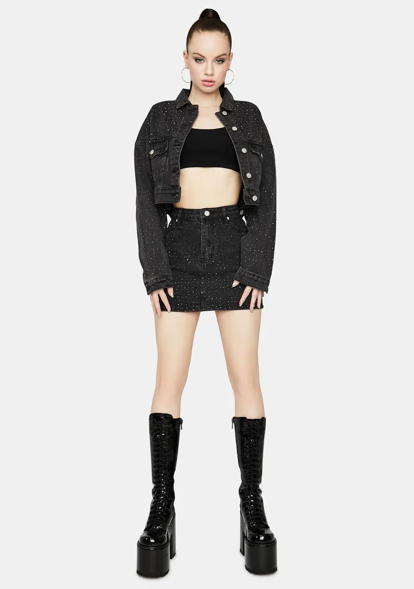Got A Reputation Rhinestone Denim Mini Skirt - Image 3