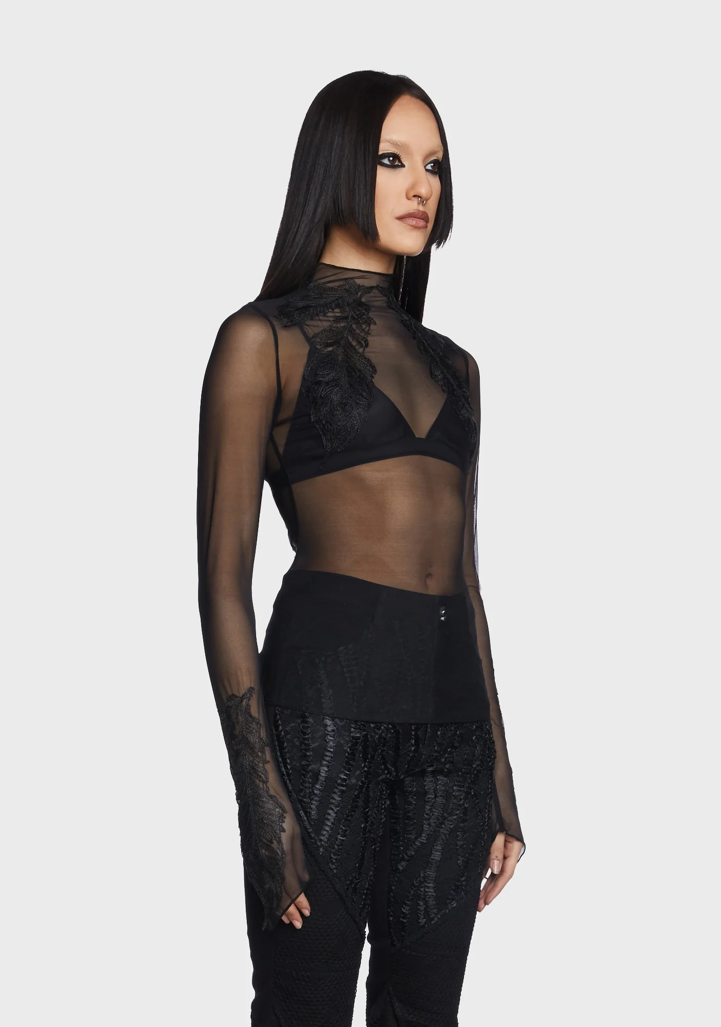 Goth Feather Decal Mesh Top - Image 5