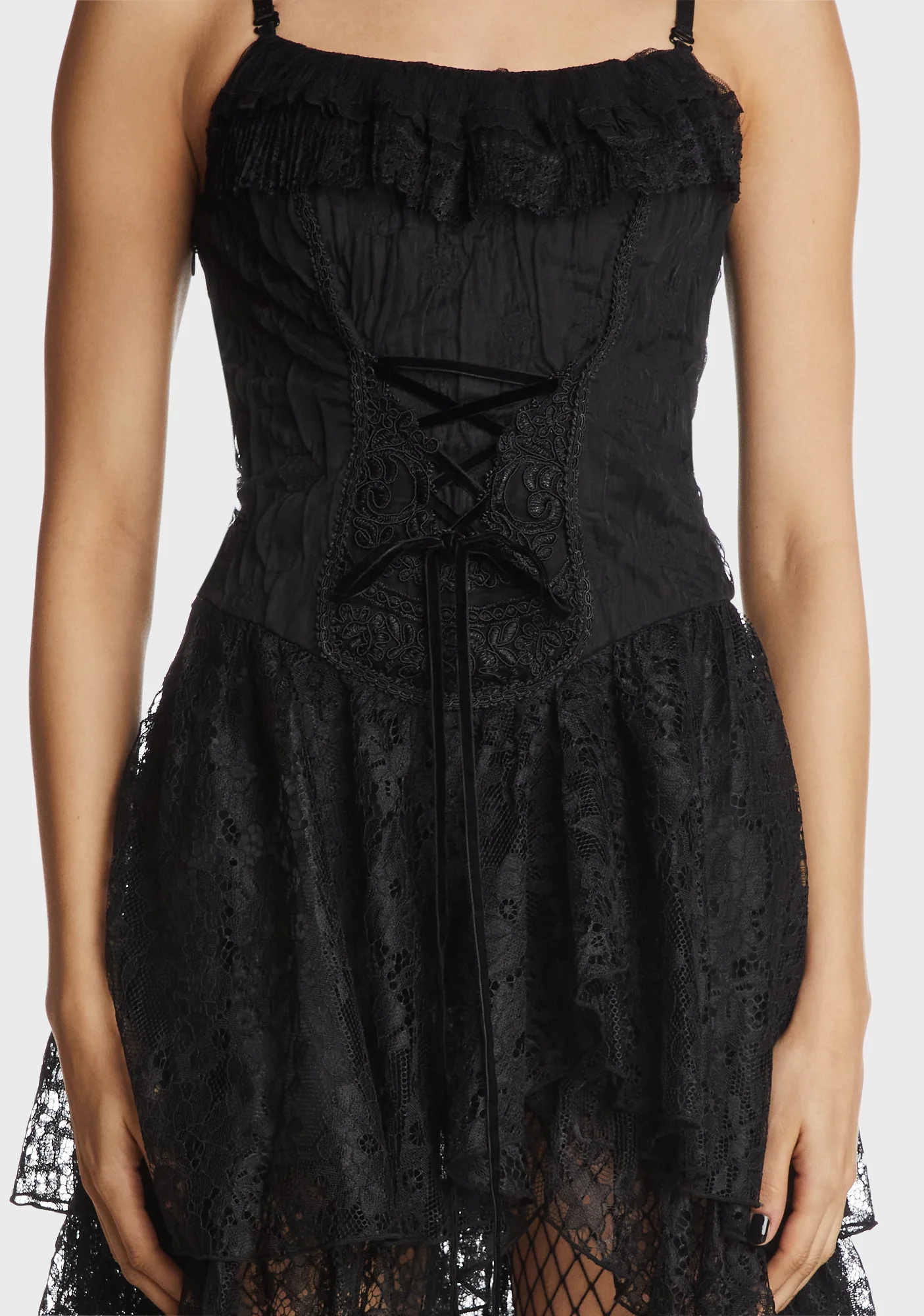 Gothic Ghost Frilly Lace High Low Strap Dress - Image 2