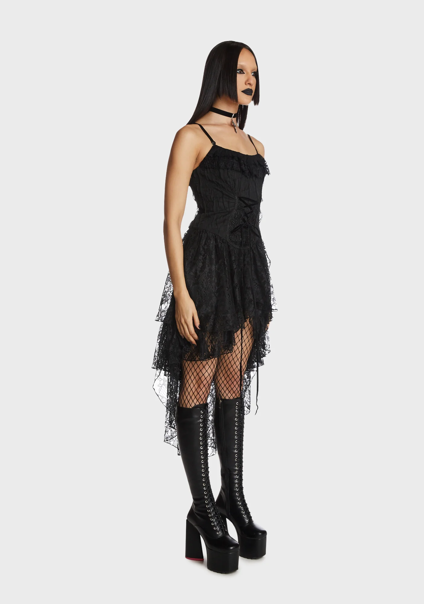 Gothic Ghost Frilly Lace High Low Strap Dress - Image 3