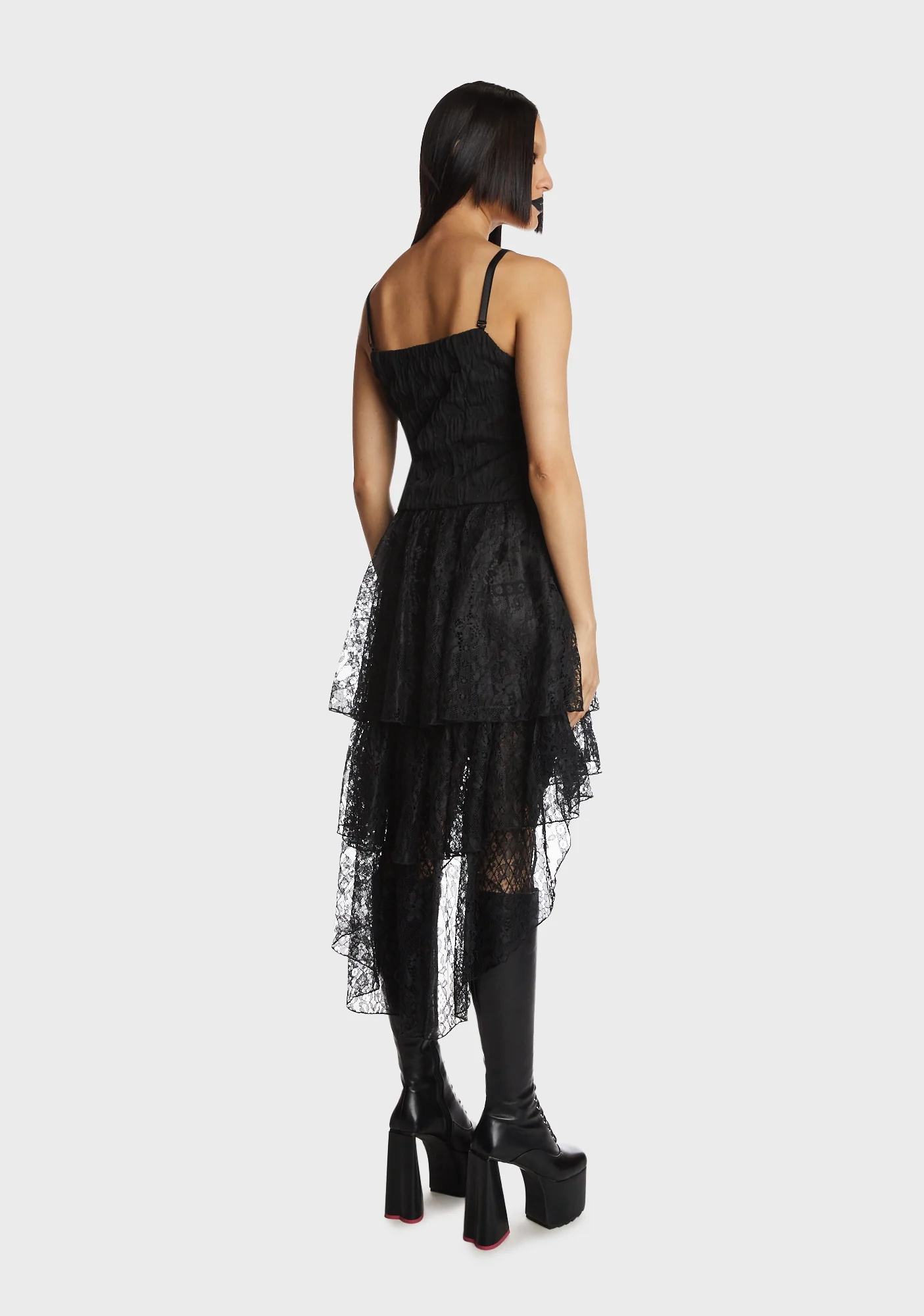 Gothic Ghost Frilly Lace High Low Strap Dress - Image 4
