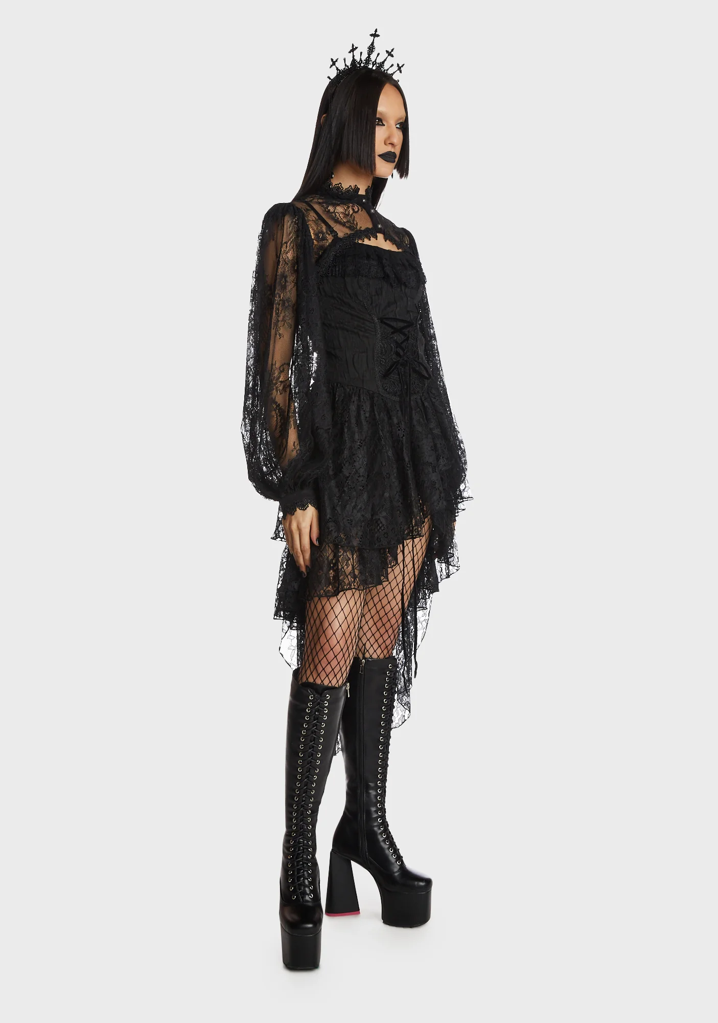 Gothic Ghost Frilly Lace High Low Strap Dress - Image 5