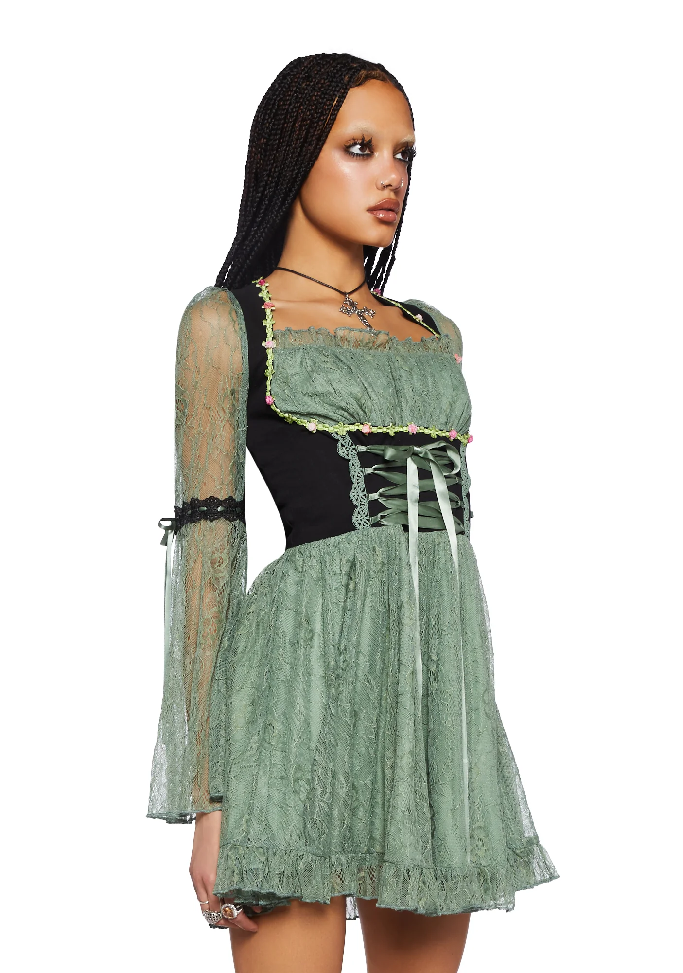 Myths N' Legends Mini Dress - Green Lace - Image 3