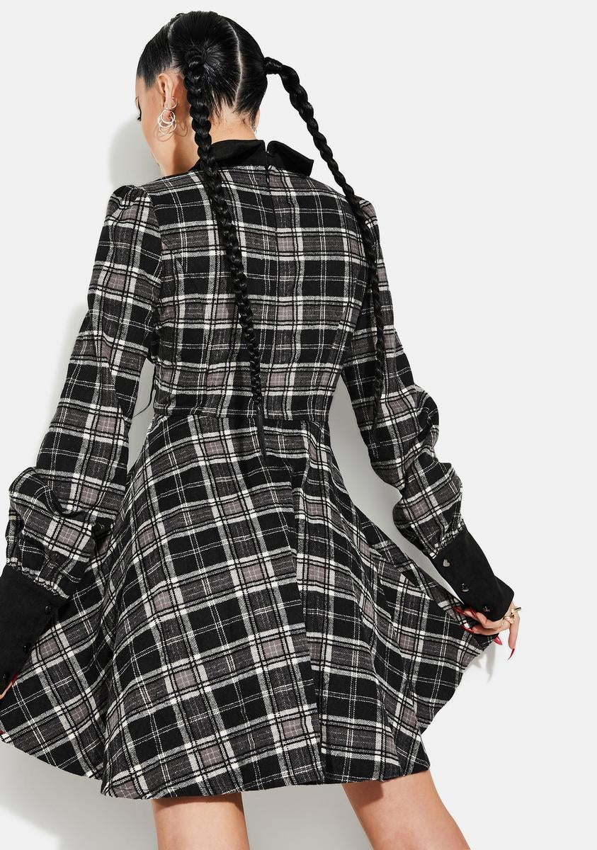 Grunge Puff Sleeve Plaid Dress - Image 4