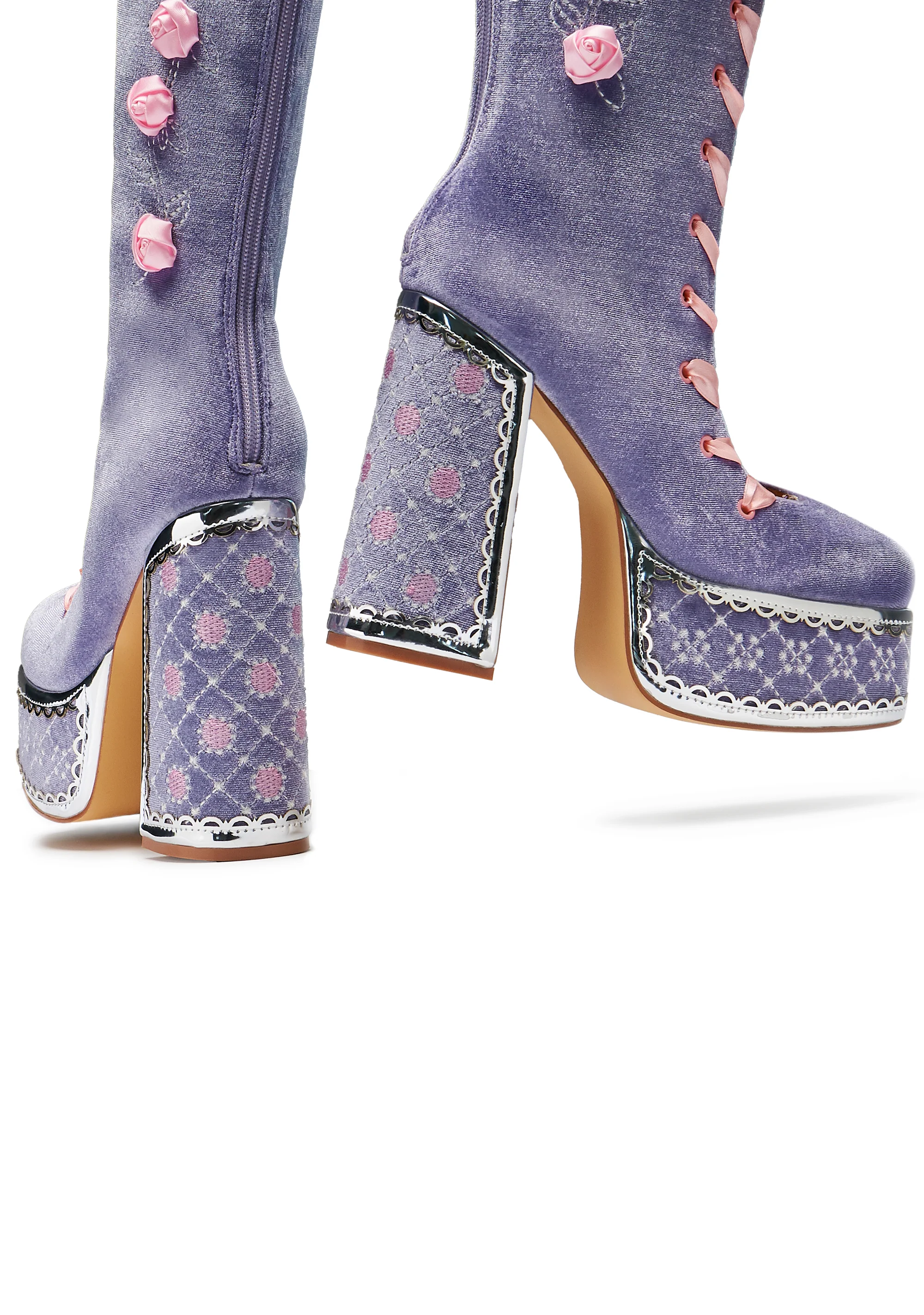 Guiltless Ghost Lace Up Platform Long Boots - Lilac - Image 3
