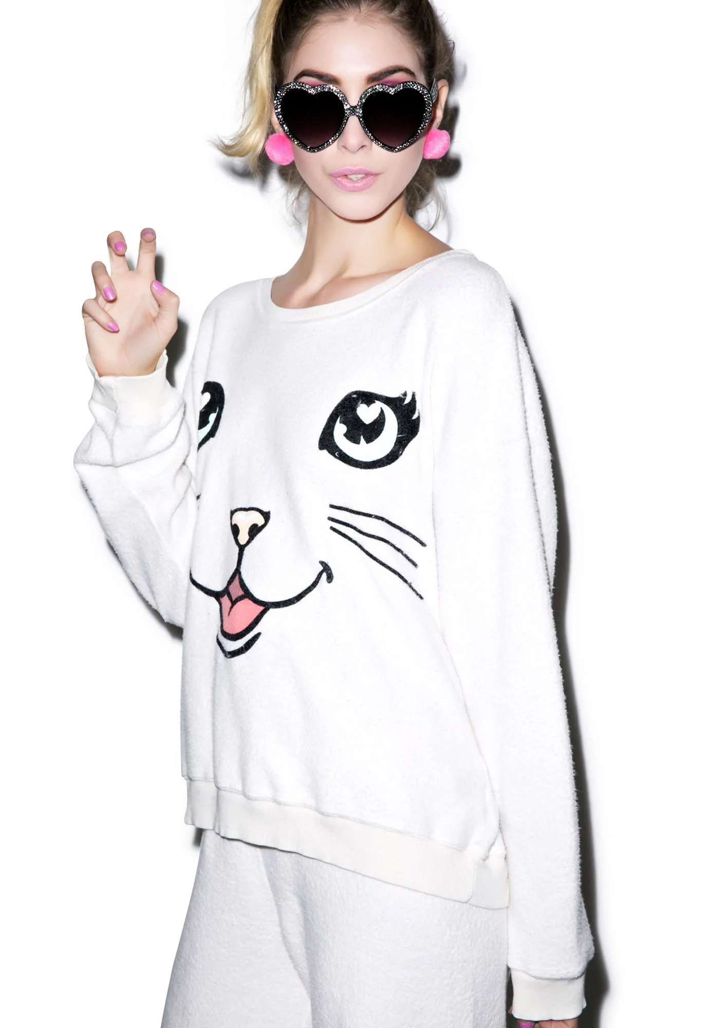 Happy Cat Oversized Sweatshirt - White - Image 2