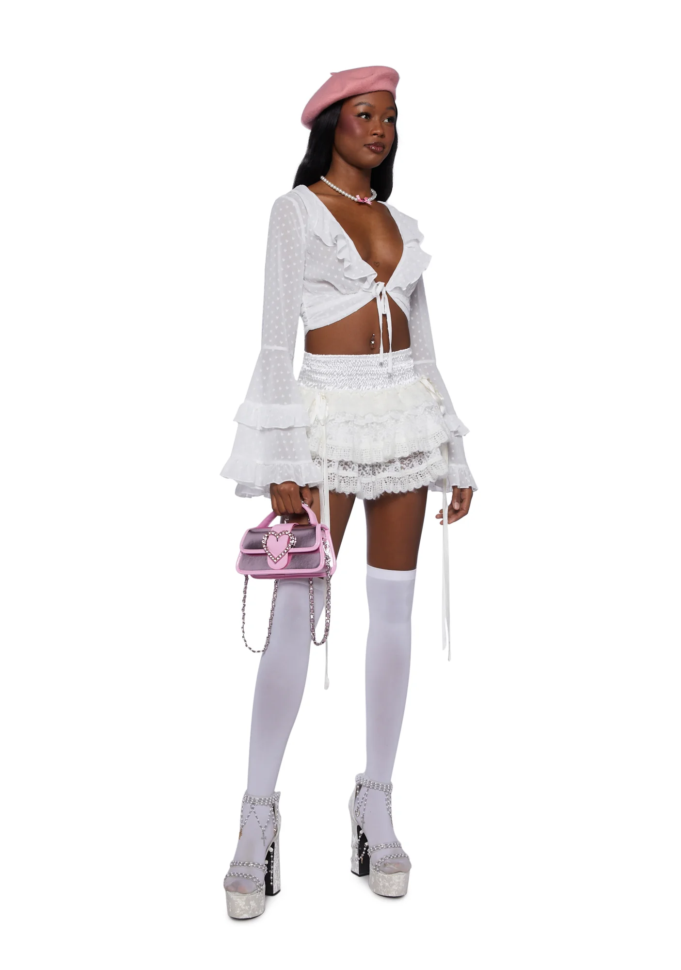 Hearts Aglow Mesh Crop Top - White - Image 2