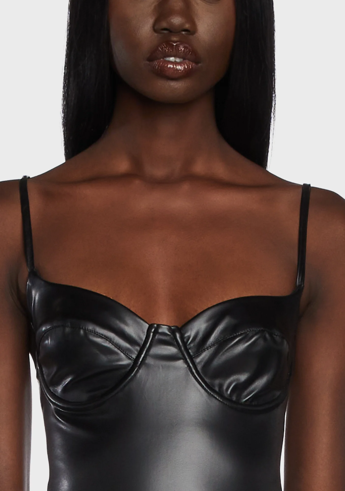 High-Cut Faux Leather Cupped Bodysuit - Black - Image 5