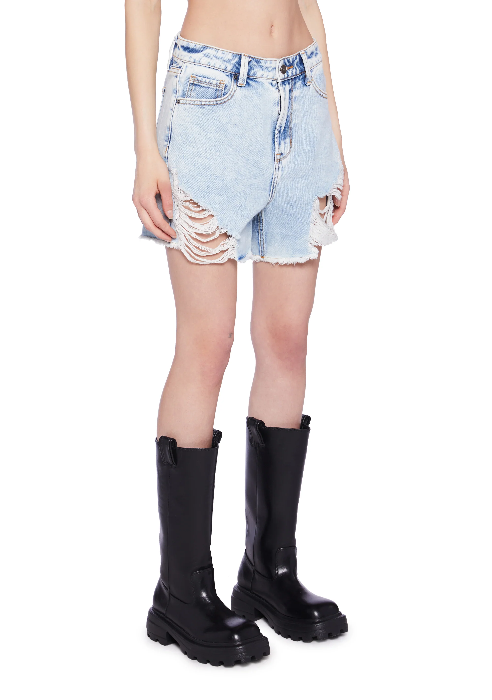 High Rise Distressed Denim Shorts - Light Blue - Image 3