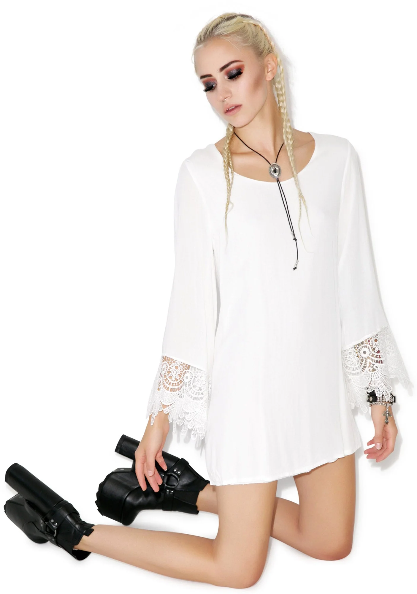Hippy Bell Sleeve Dress - White - Image 7
