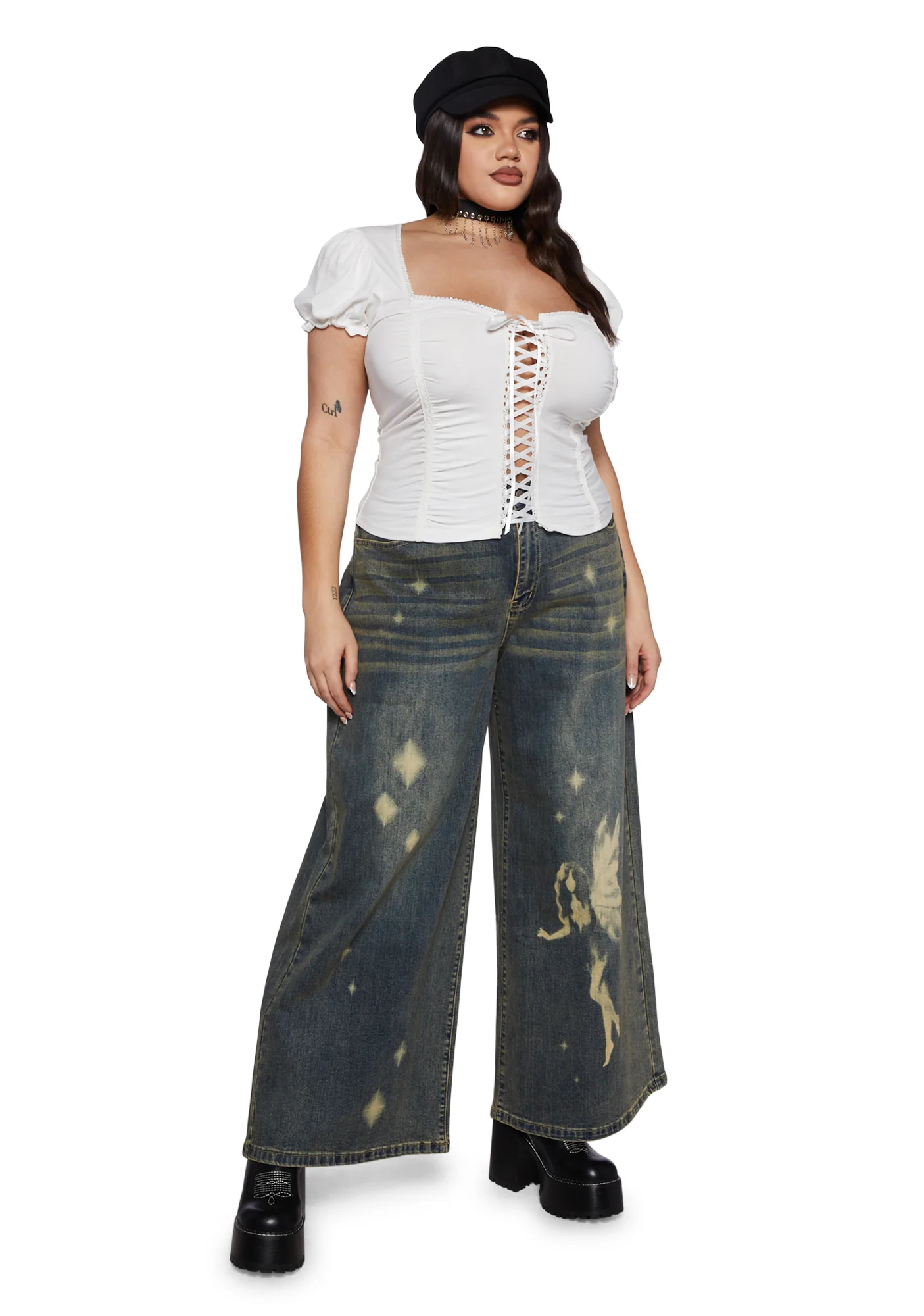 Plus Soft Girl Era Lace Up Top - White - Image 2
