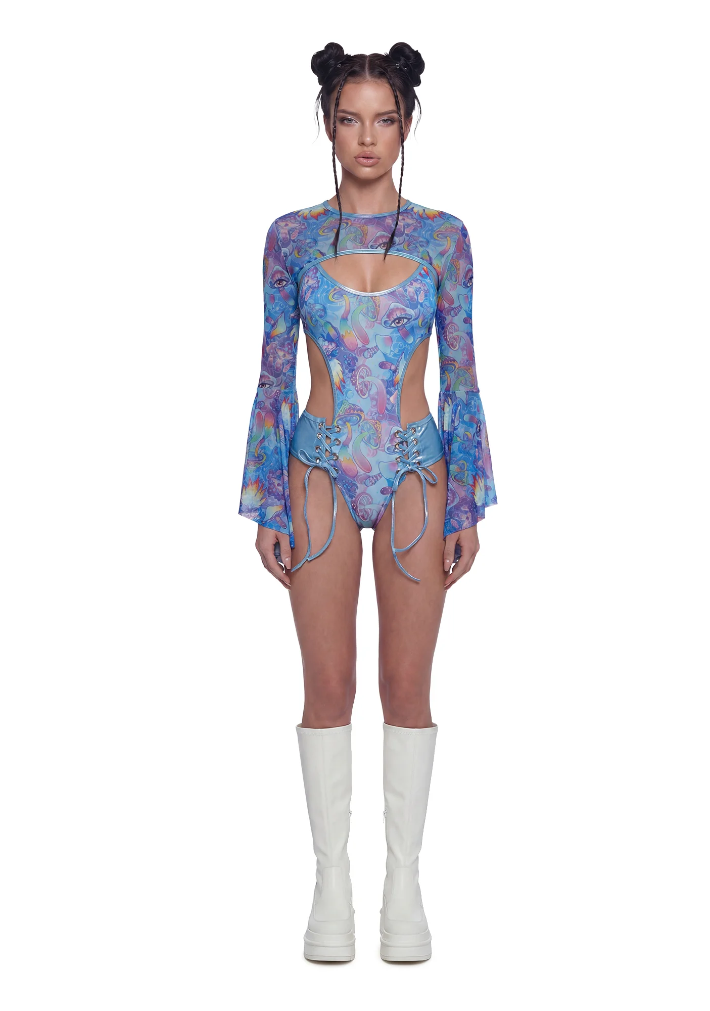 Mushroom Print Lace Up Bodysuit - Blue - Image 2