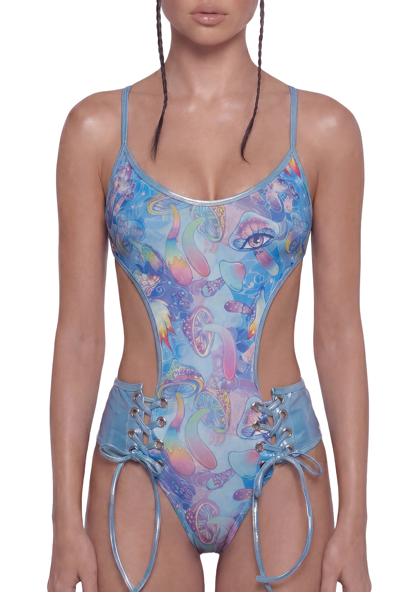 Mushroom Print Lace Up Bodysuit - Blue - Image 5