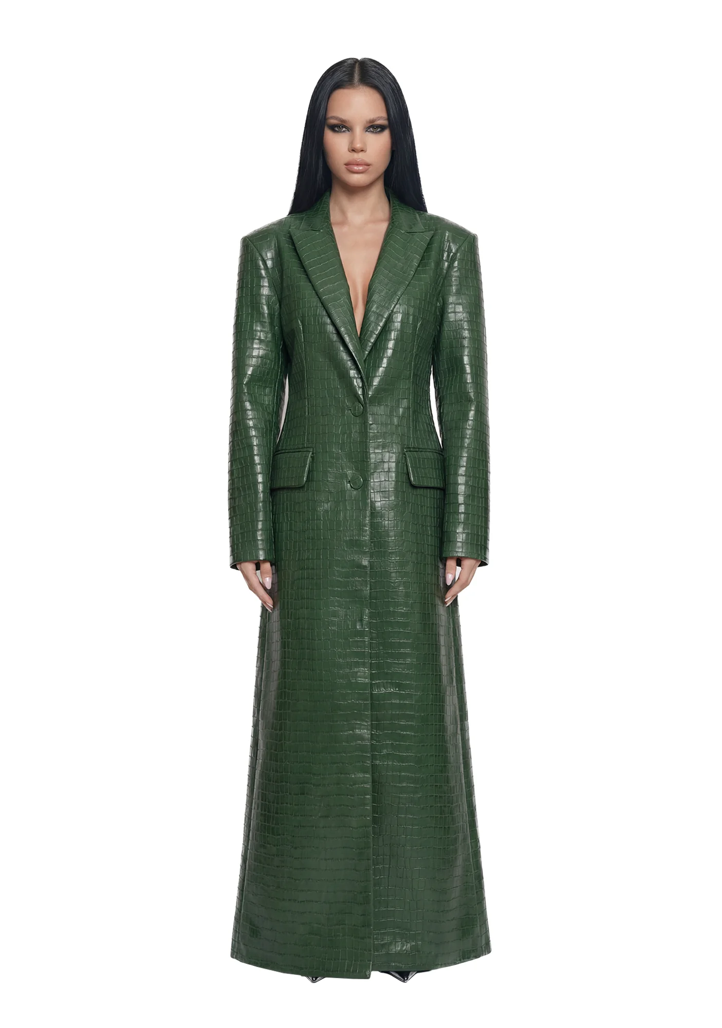 Leather Elongated Blazer Coat - Green