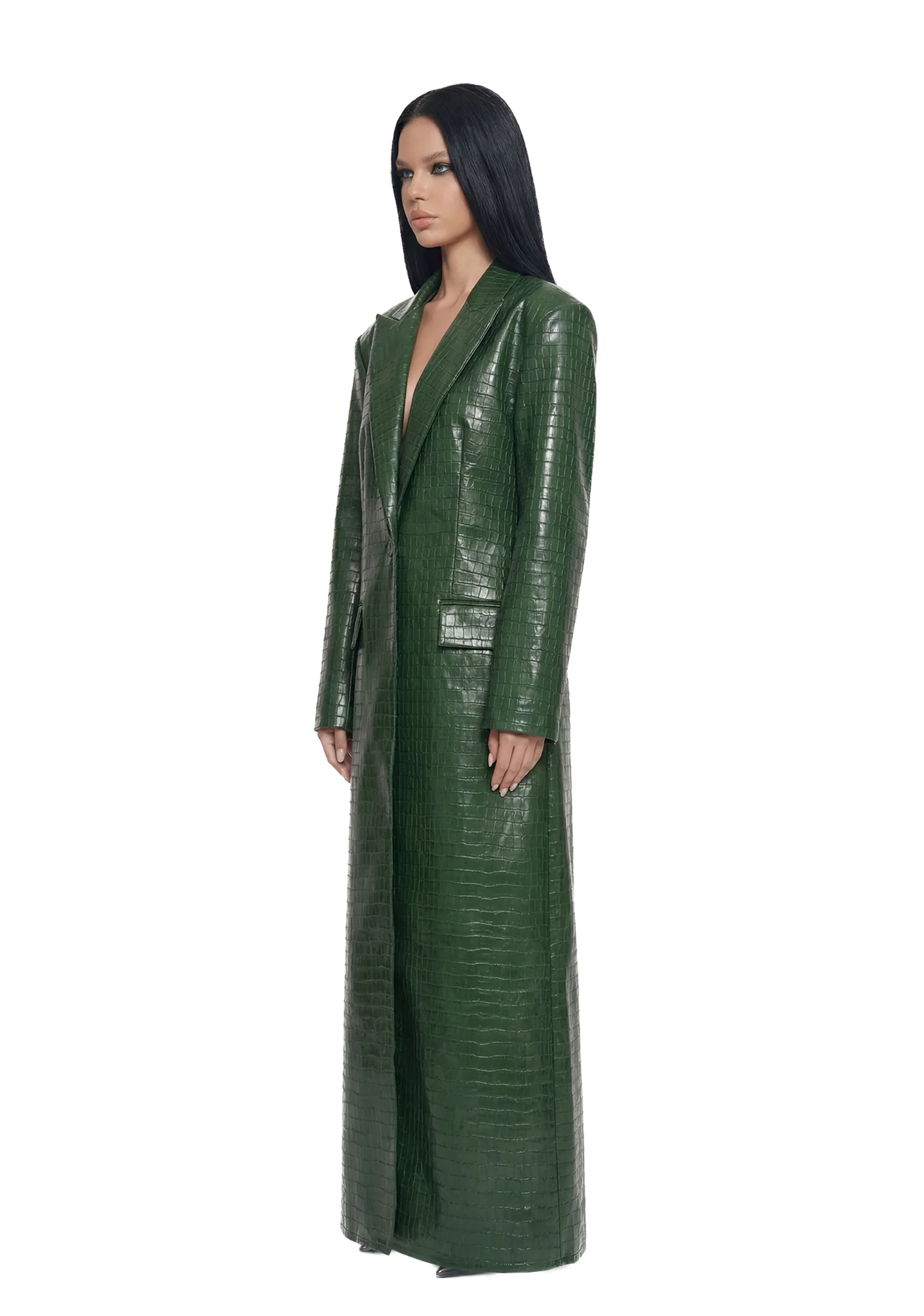 Leather Elongated Blazer Coat - Green - Image 3
