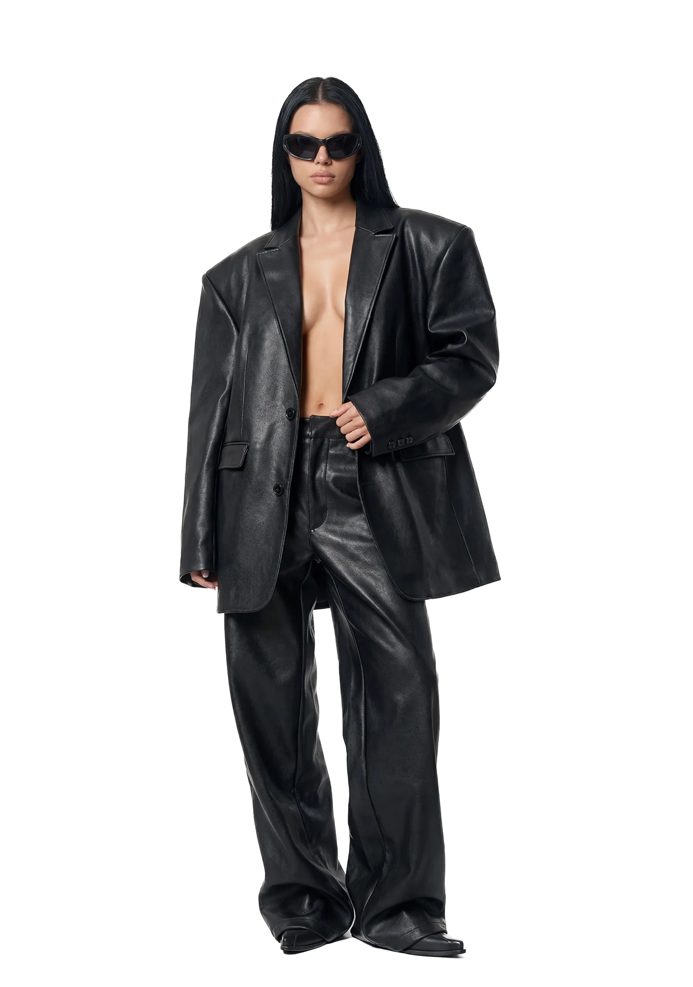 Leather Oversize Blazer - Black - Image 2