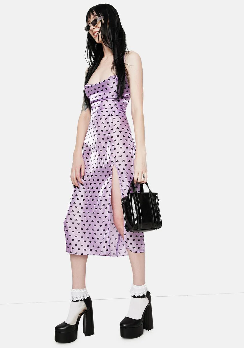 Lilac Heart Metallic Satin Midi Dress - Image 3