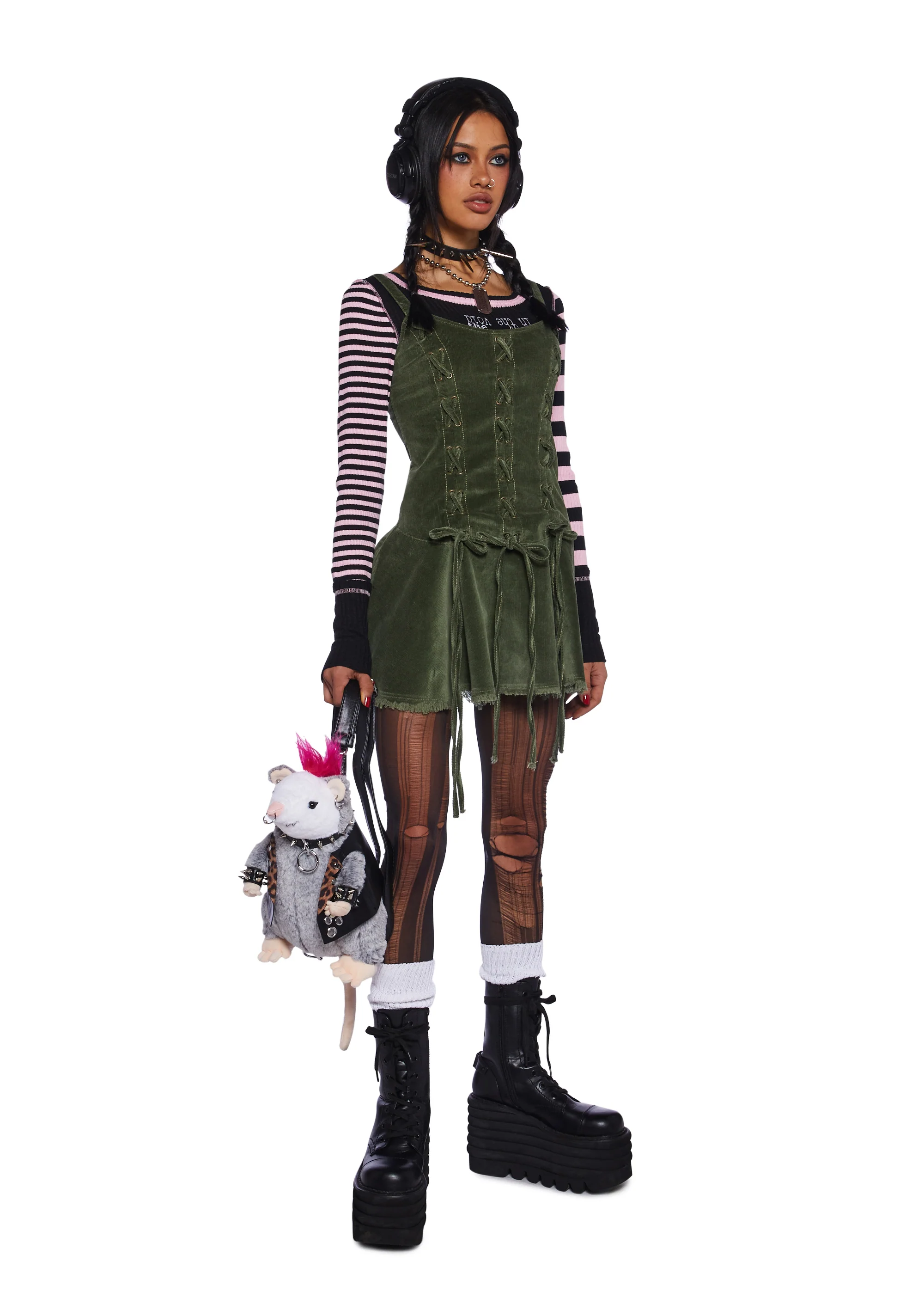 Little Miss Attitude Mini Dress - Green Corduroy - Image 2