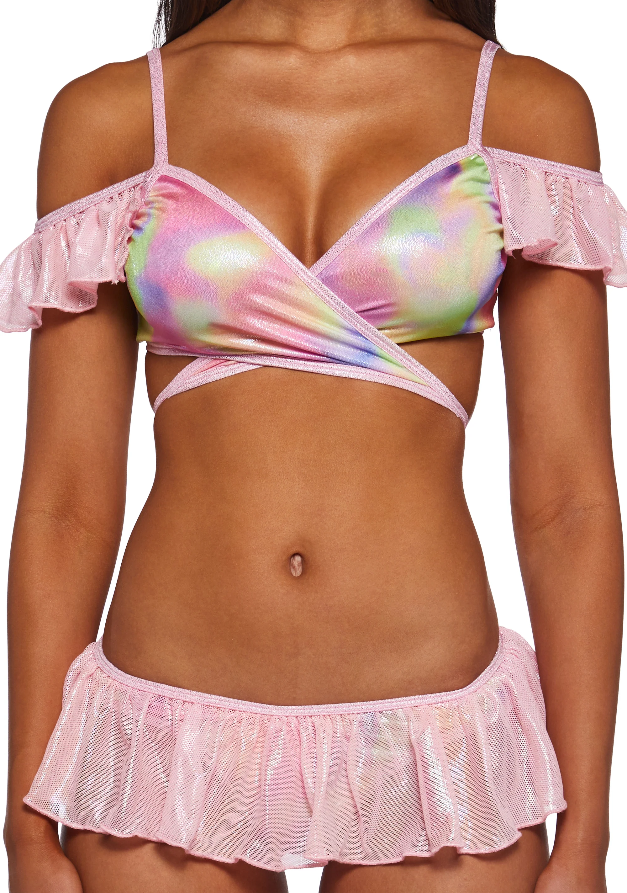 Metallic Coated Fishnet Bikini Set - Pink - Image 5
