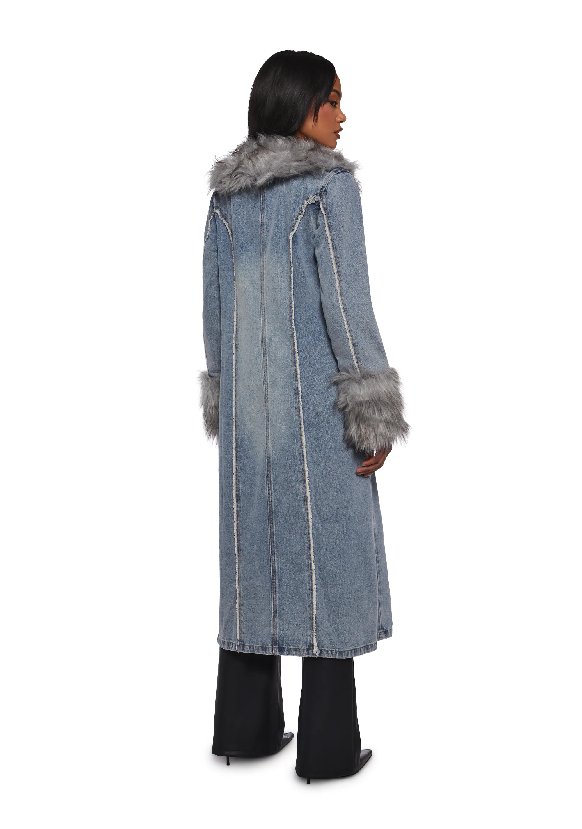 Off Beat Charm Denim Maxi Coat - Light Blue - Image 4