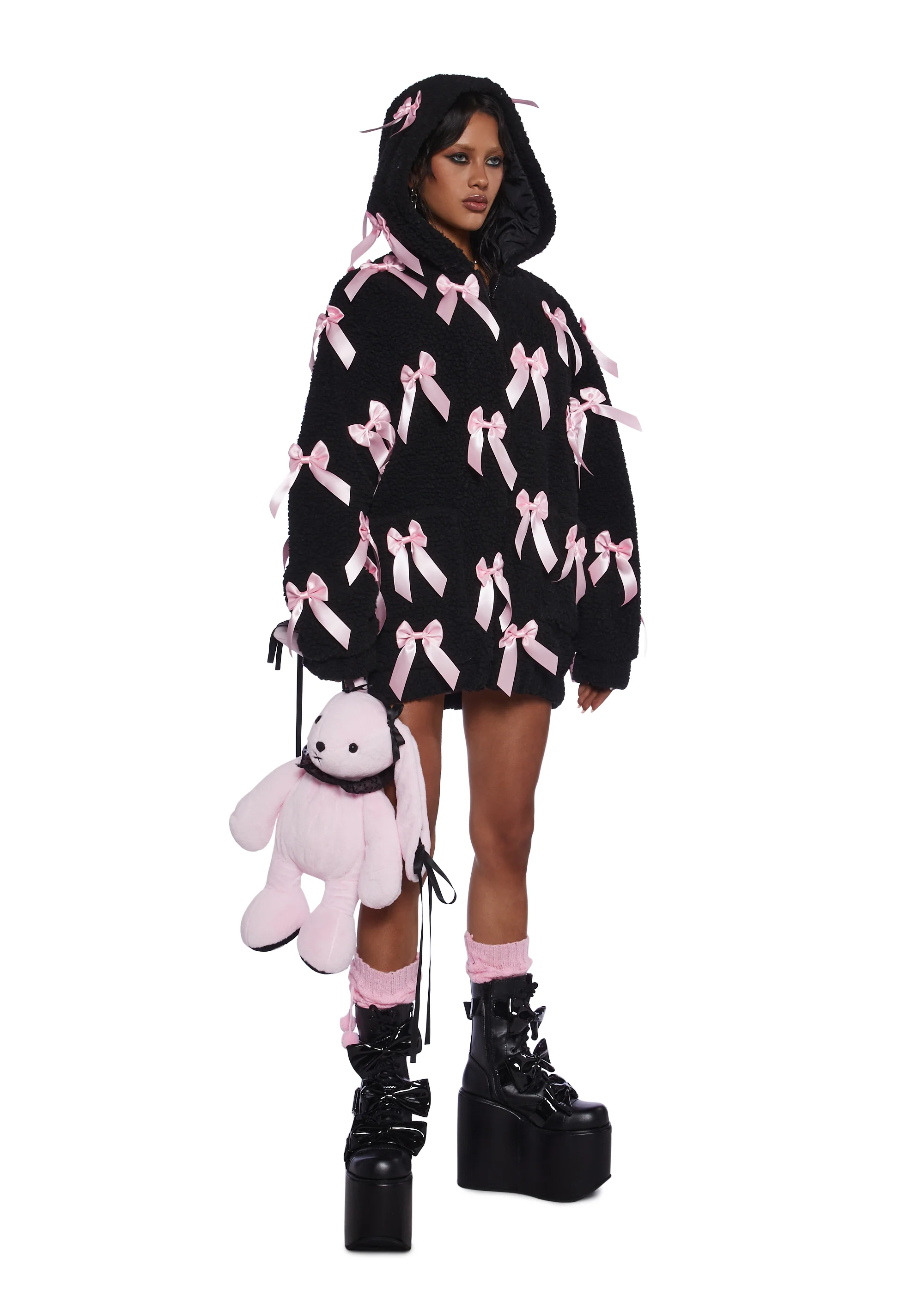 Pinky Promise Hooded Sherpa Jacket - Black - Image 2