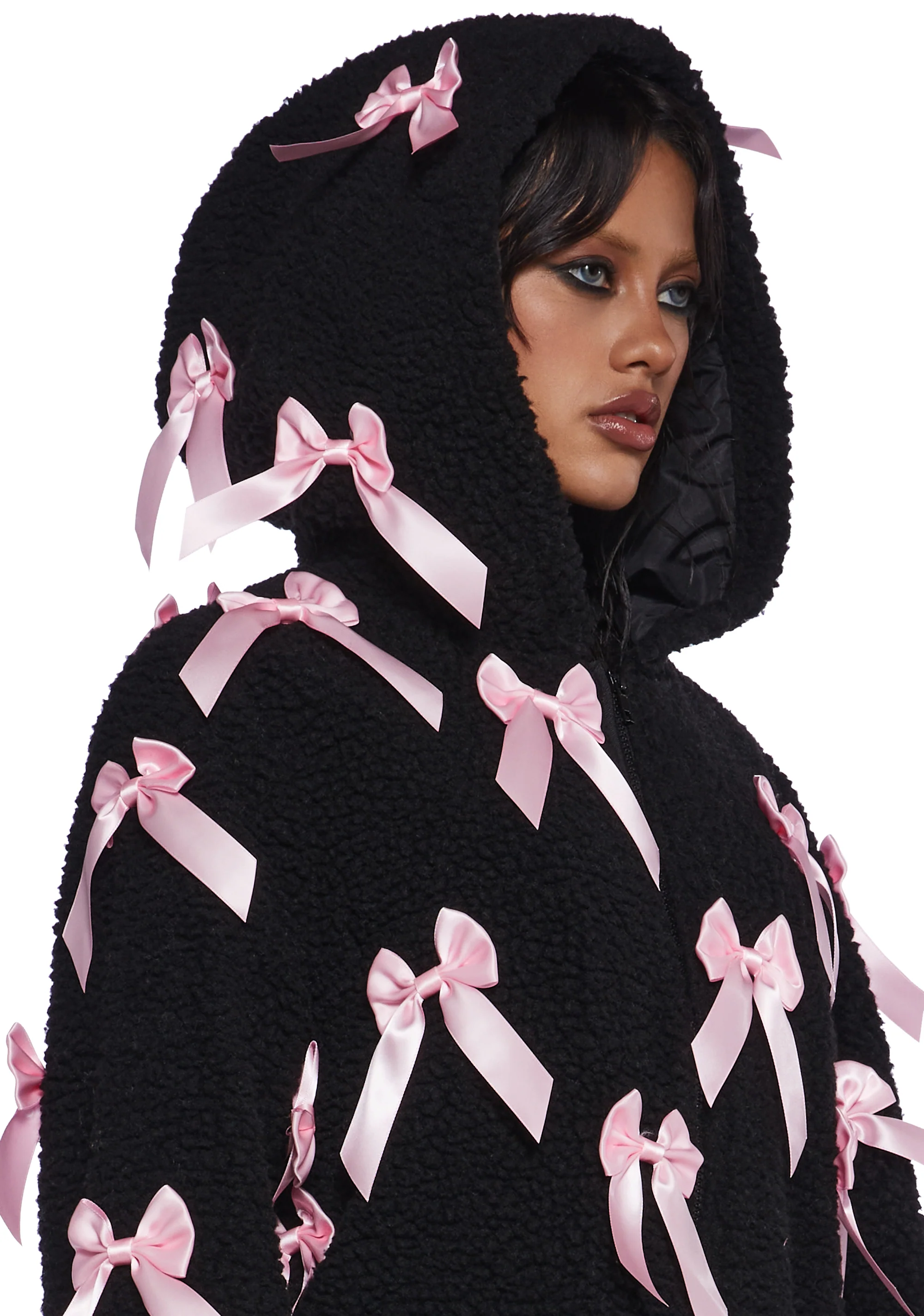 Pinky Promise Hooded Sherpa Jacket - Black - Image 5