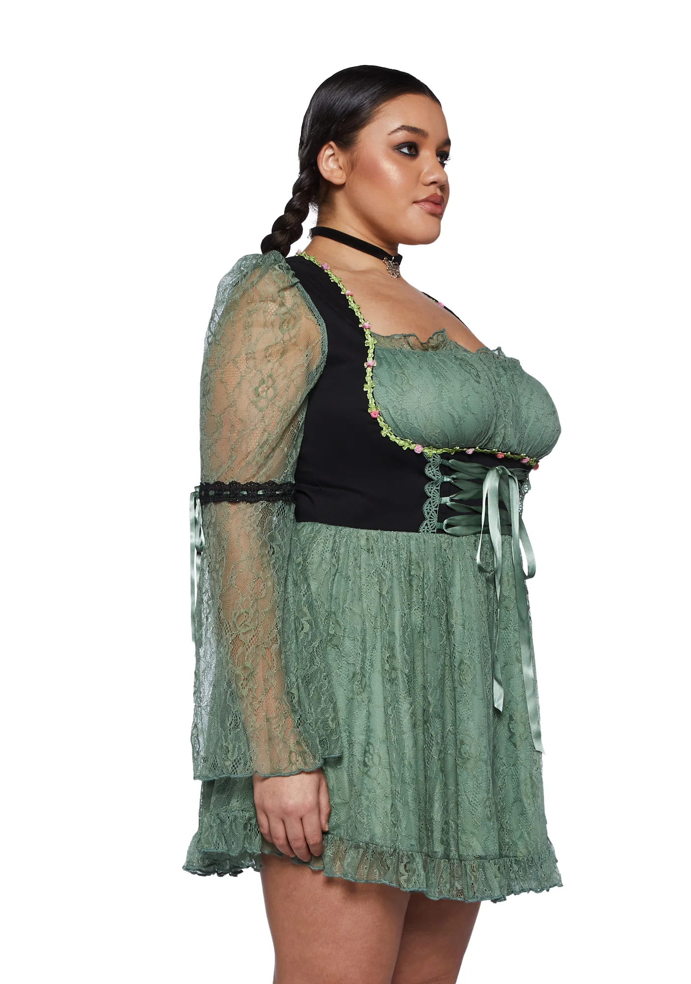 Plus Myths N' Legends Mini Dress - Green Lace - Image 3