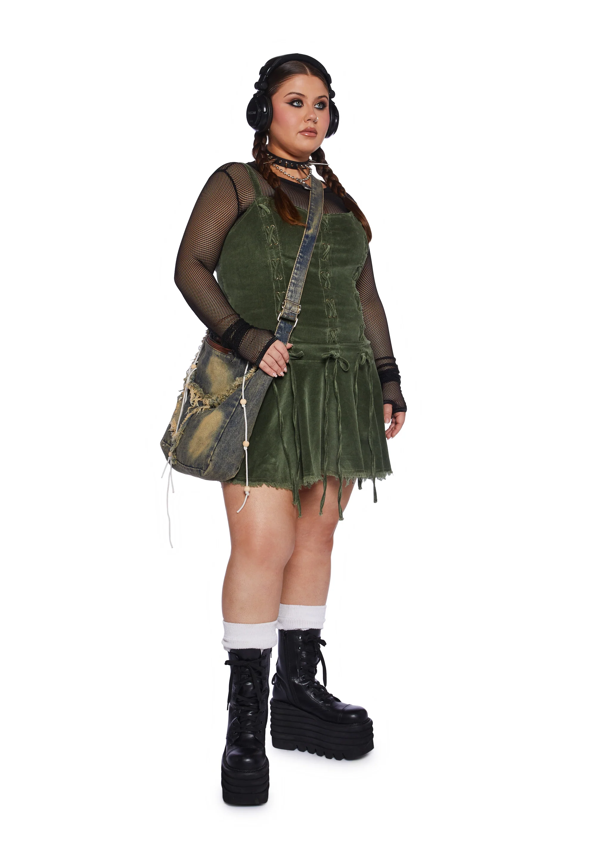 Plus Little Miss Attitude Mini Dress - Green Corduroy - Image 2