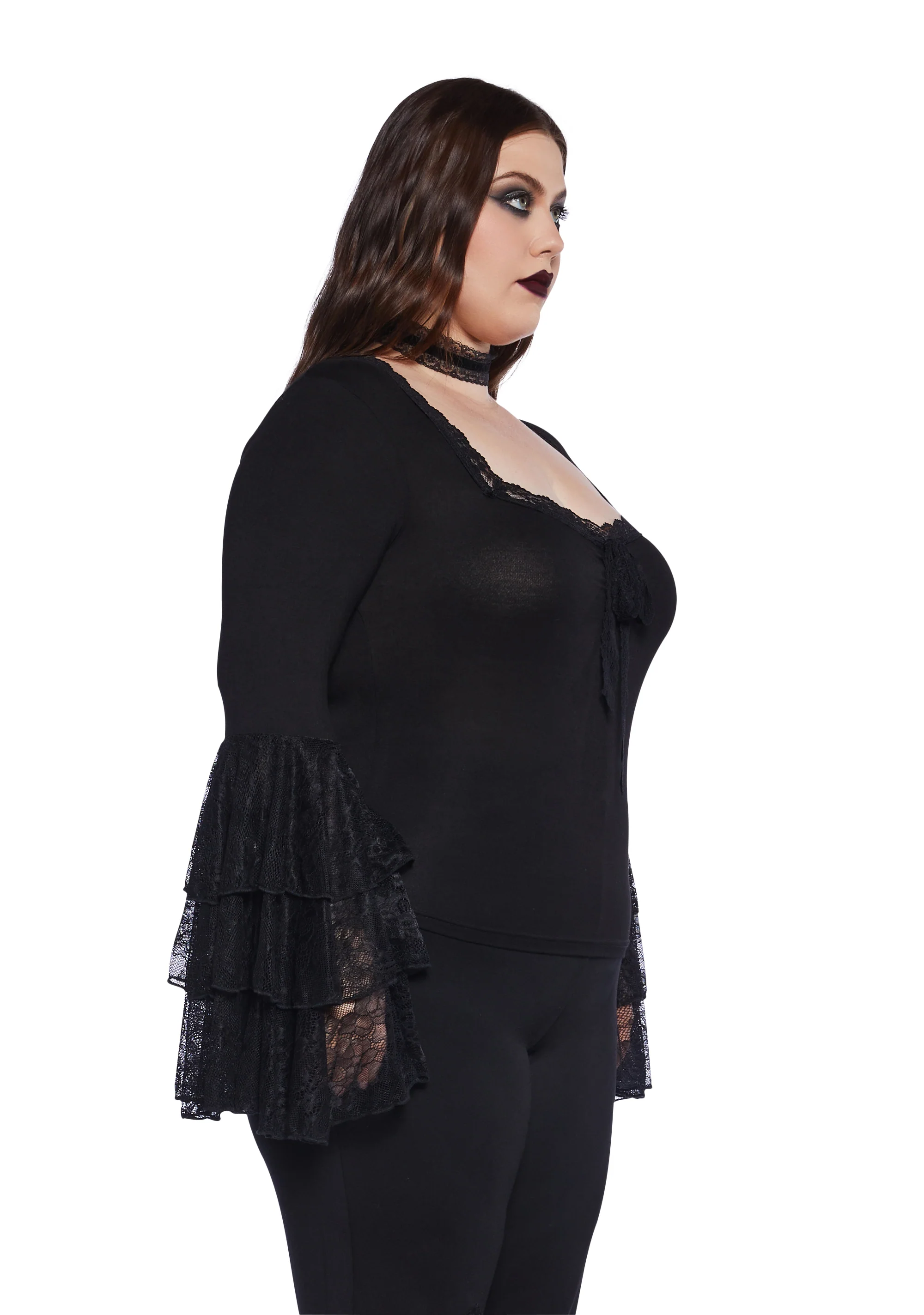 Plus Melancholy Lace Long Sleeve Top - Black - Image 4