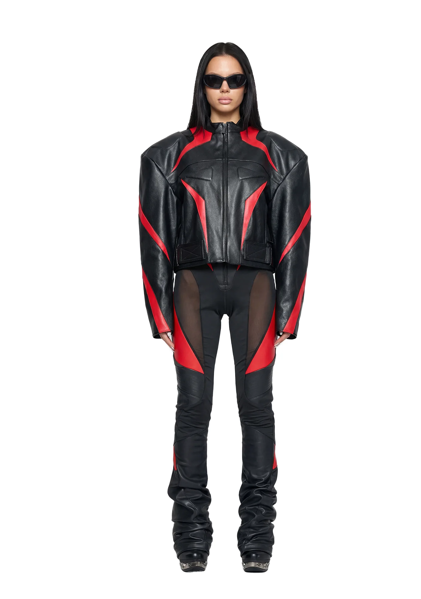 Power Shoulder Moto Jacket - Black/Red - Image 2