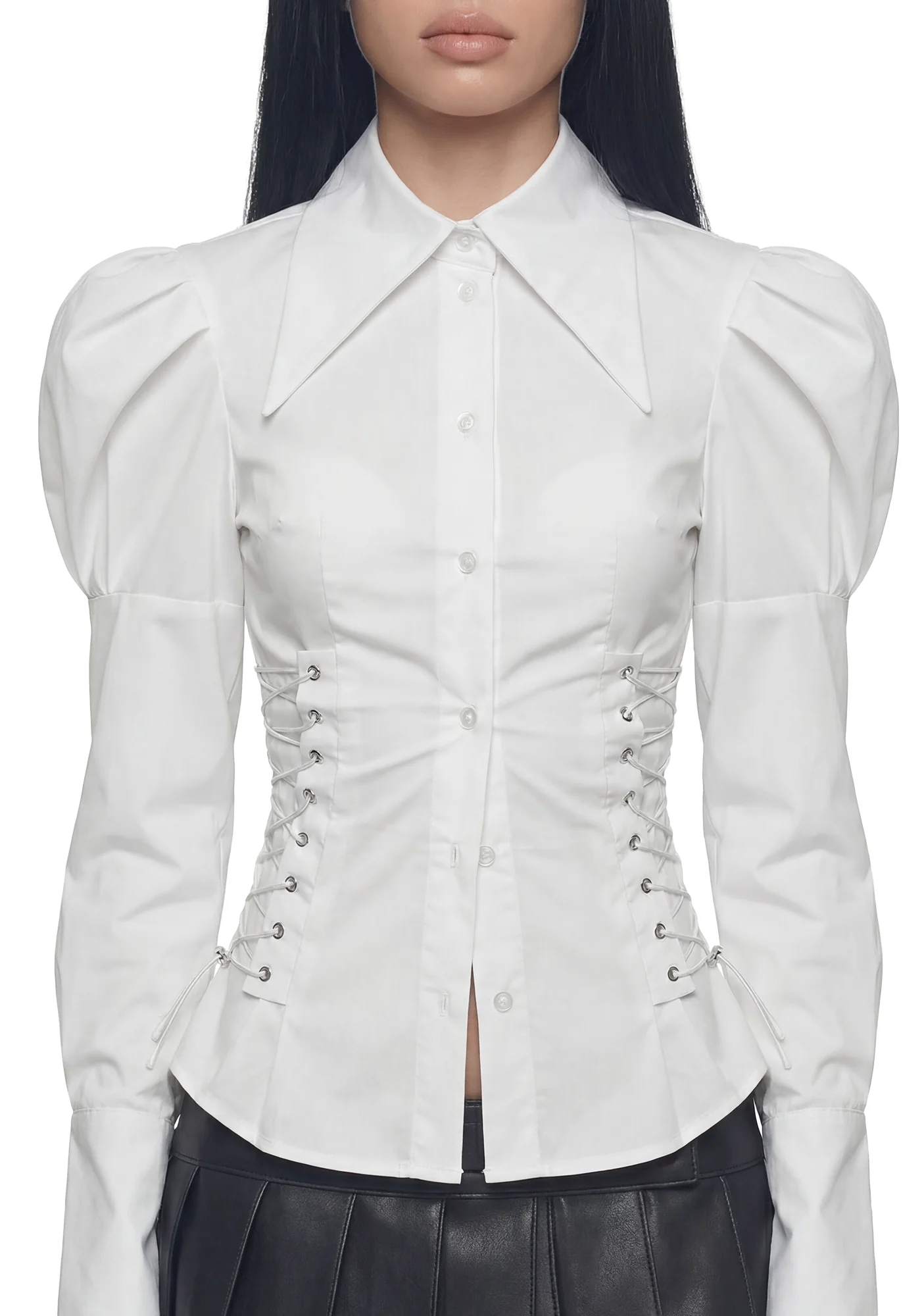Puff Sleeve Corseted Shirt - White - Image 5