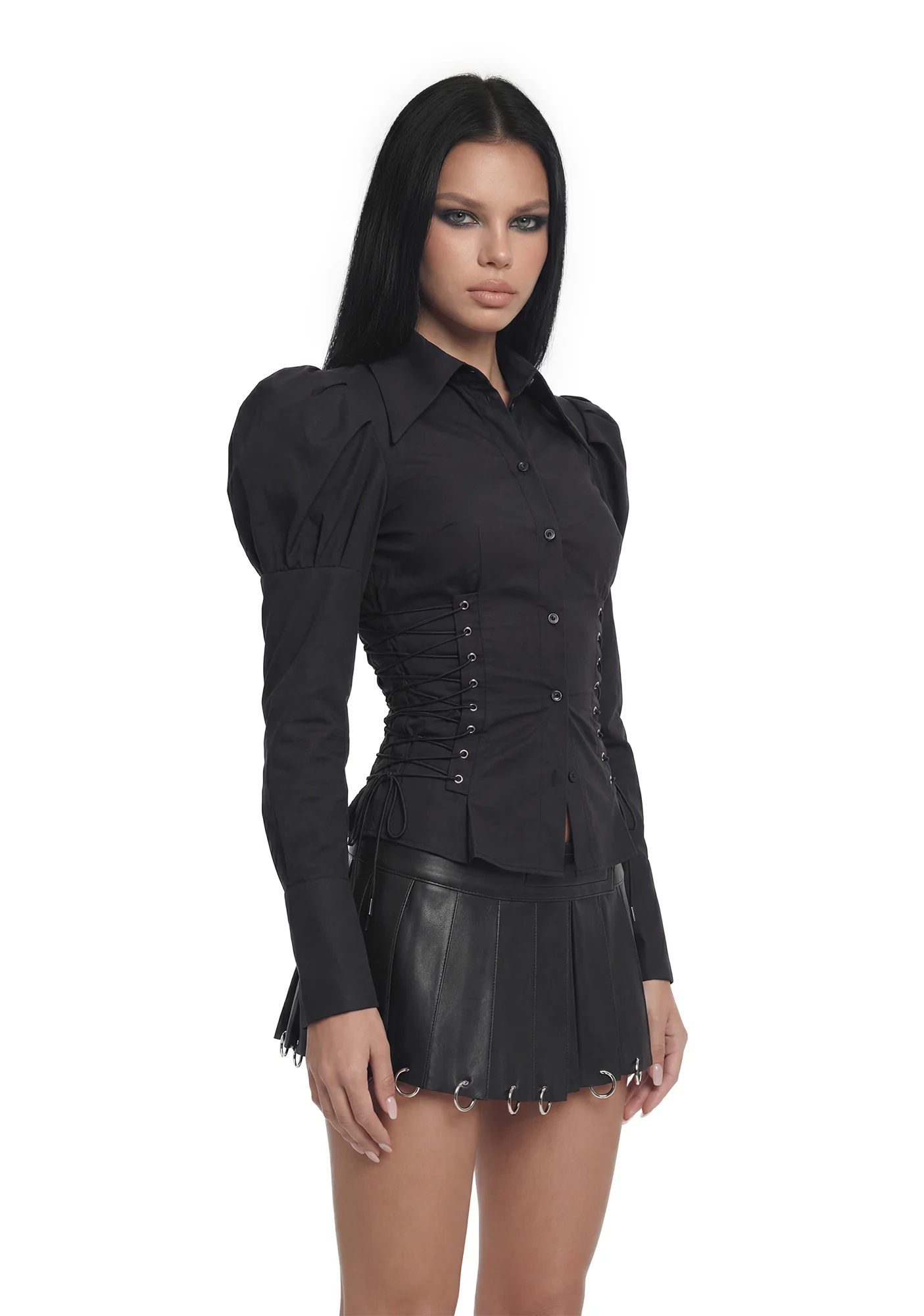 Puff Sleeve Corseted Shirt - Black - Image 3
