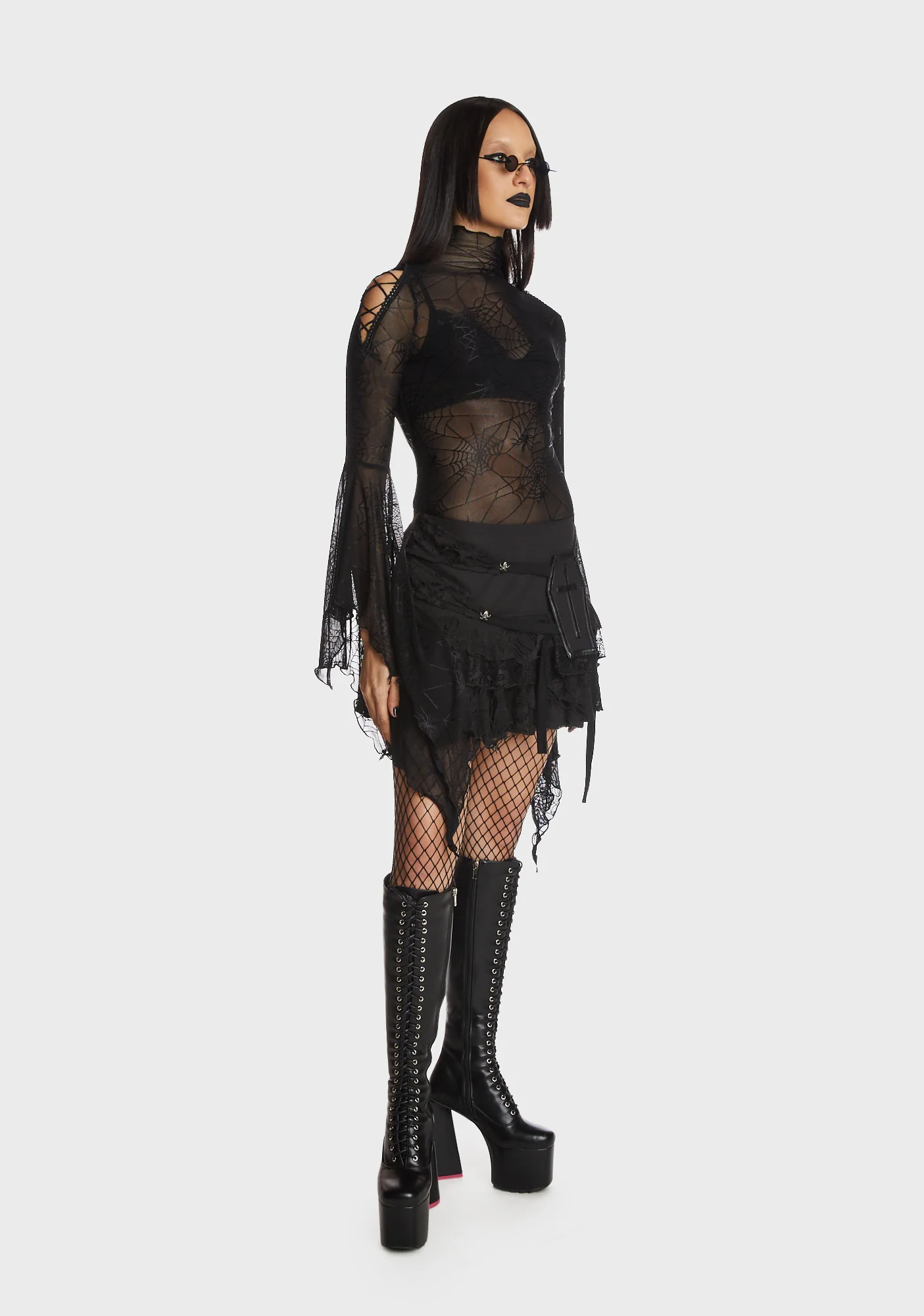 Punk Spider Mesh Exaggerated Sleeves Top - Image 2