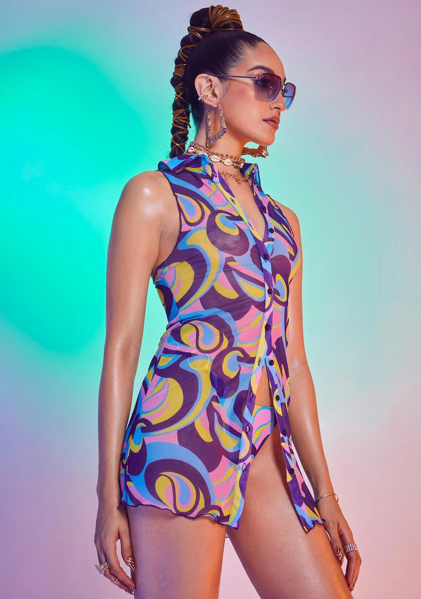 Retro Floral Print Mesh Shirt Dress - Image 2