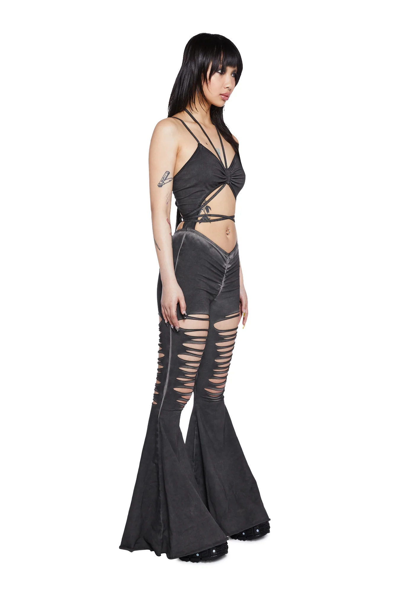 Reverb V-Cut Slashed Bell Bottom Jumpsuit - Image 3