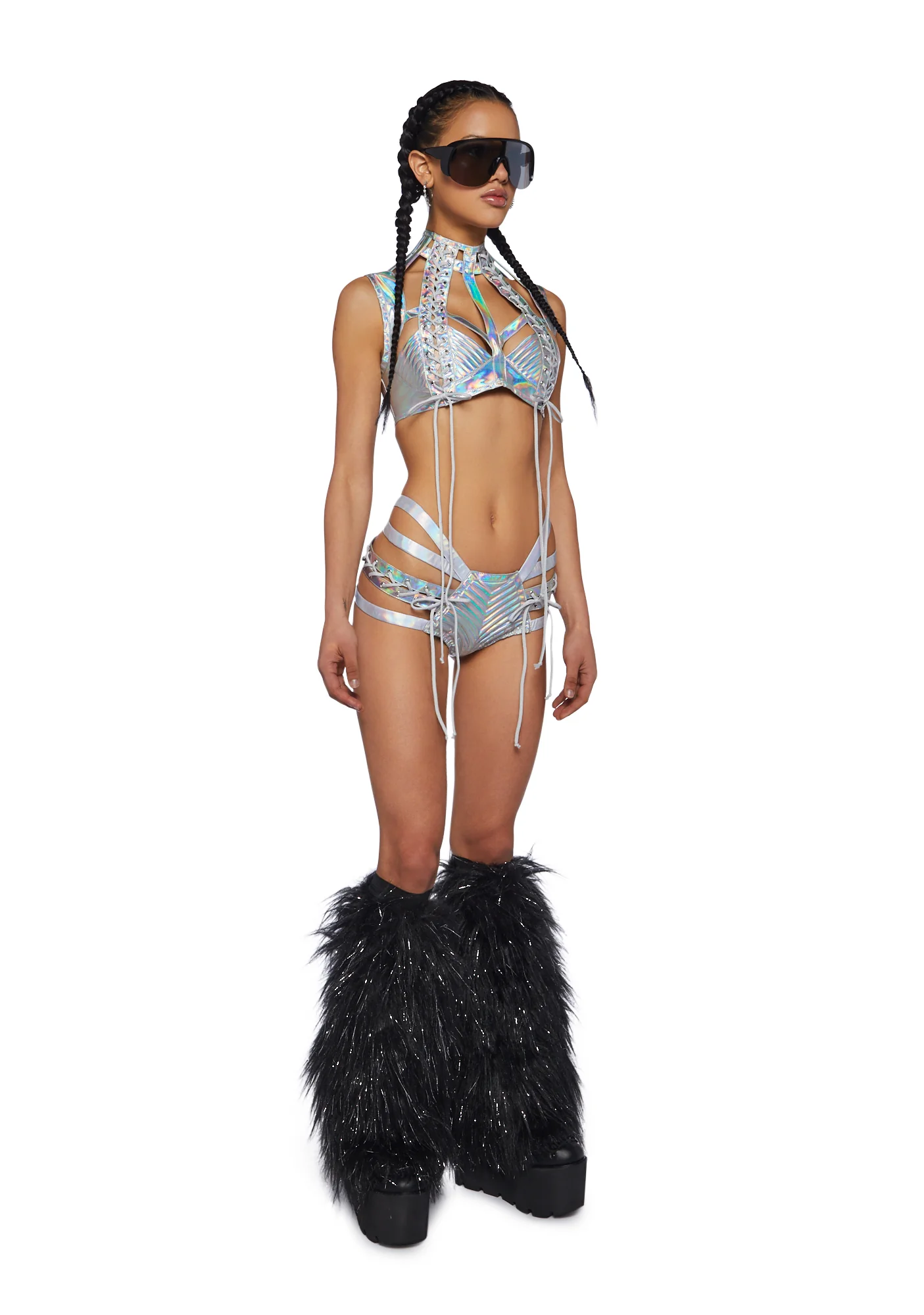 Rude Awakening Lace-Up Shorts - Holographic - Image 2