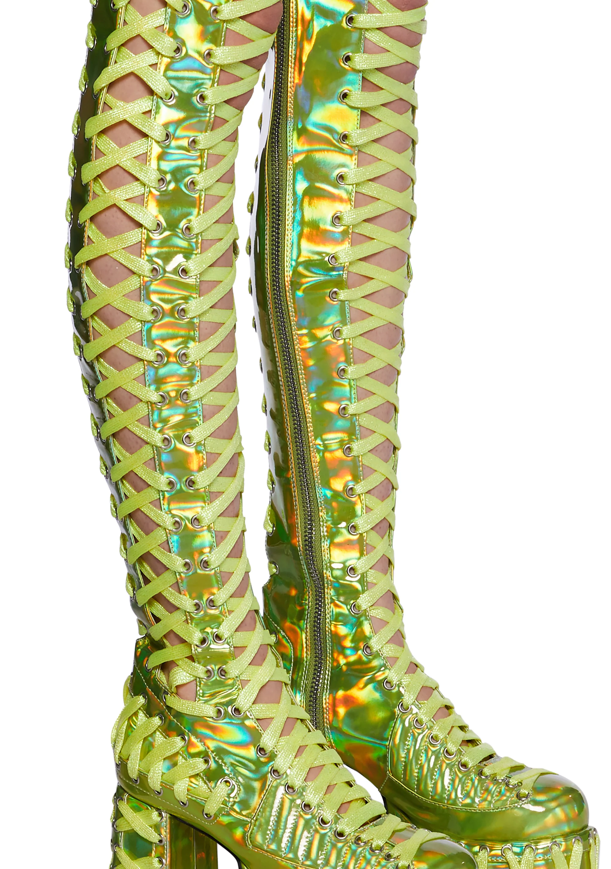 Rude Awakening Thigh High Boots -  Green Holographic - Image 2