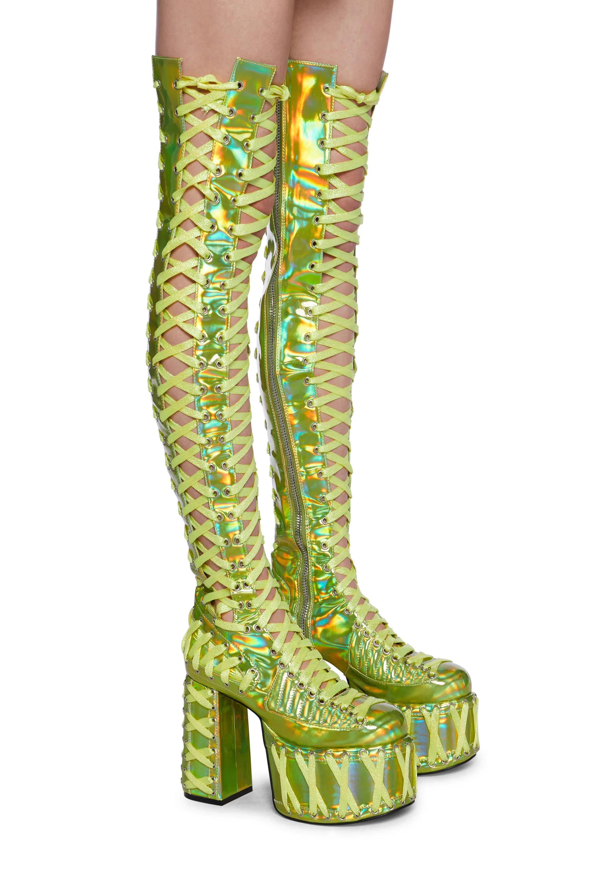 Rude Awakening Thigh High Boots -  Green Holographic - Image 3