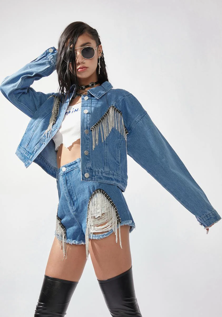 Run The Town Fringe Denim Jacket - Image 2