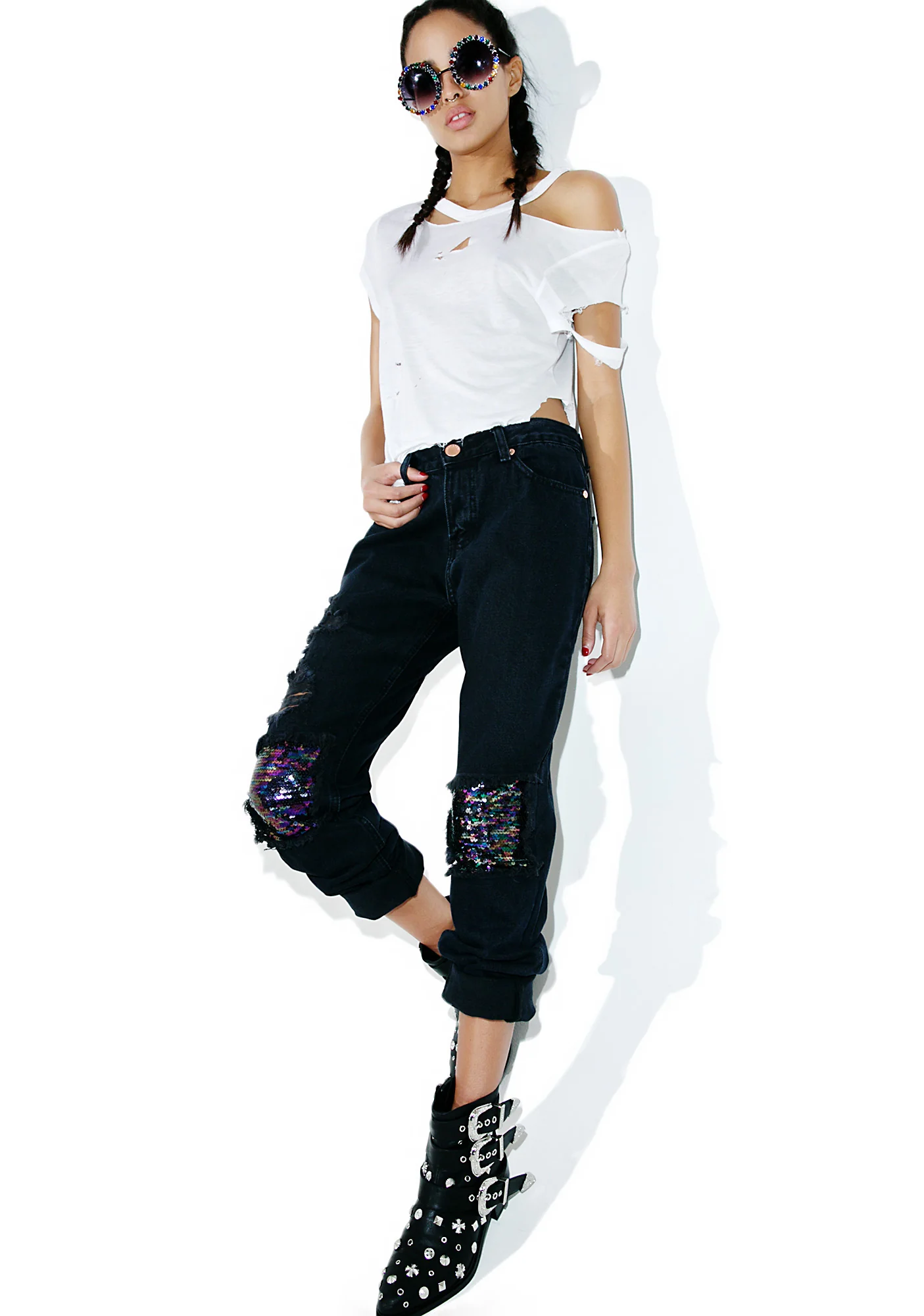 Sequin Distressed Jeans - Image 2