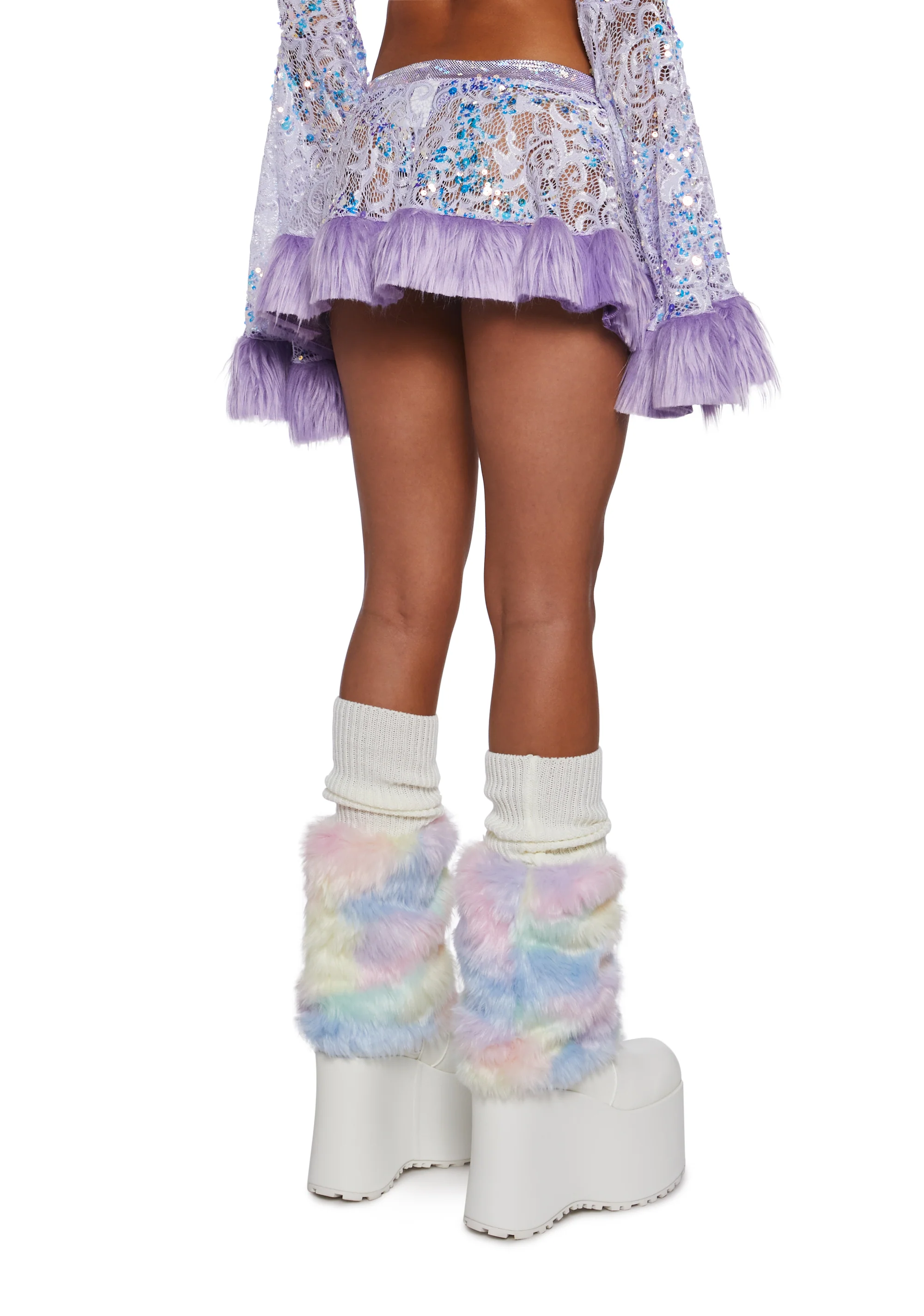 Sequin Faux Fur Trimmed Skirt - Lavender - Image 4