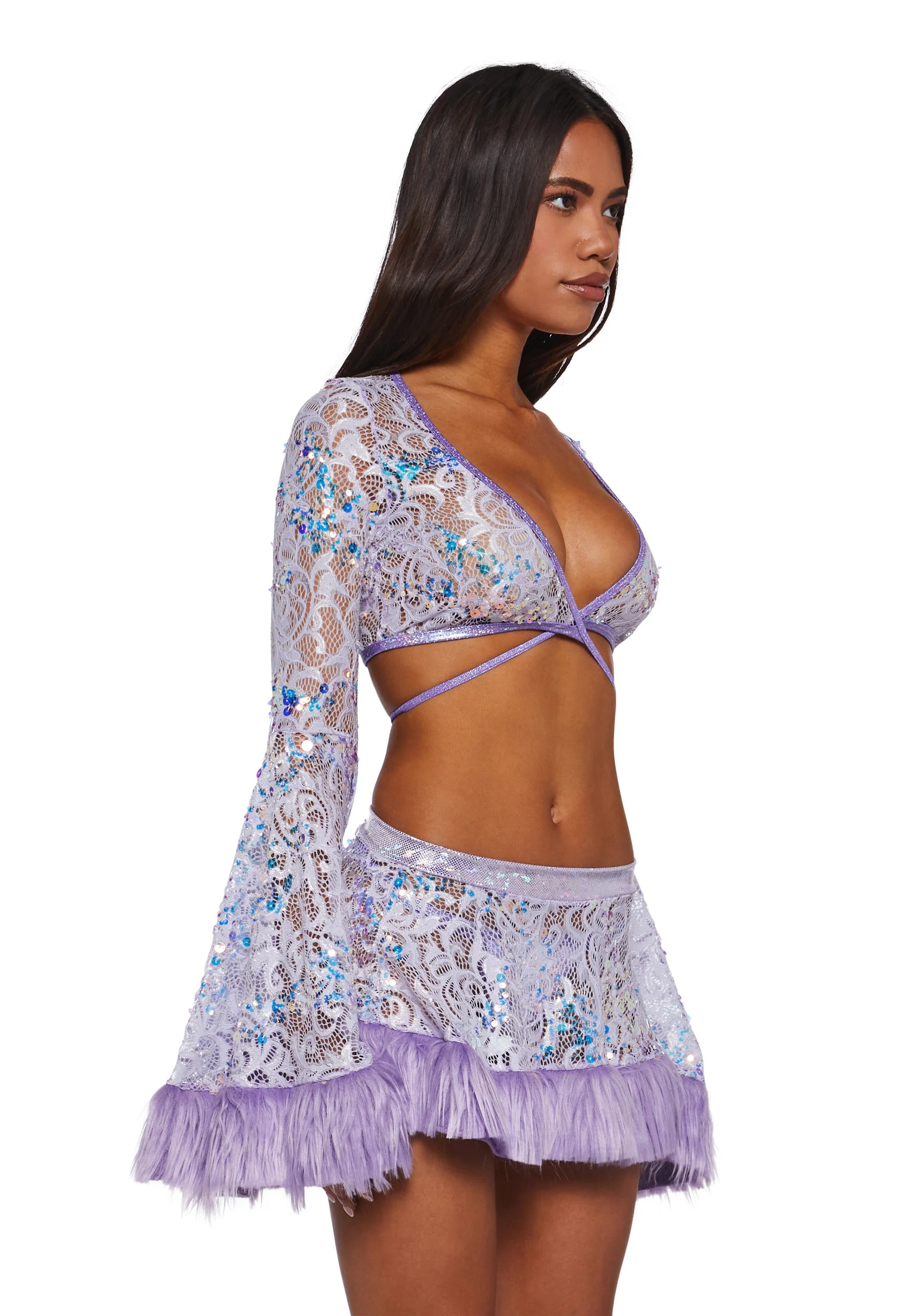 Sequin Faux Fur Trimmed Wrap Top - Lavender - Image 3