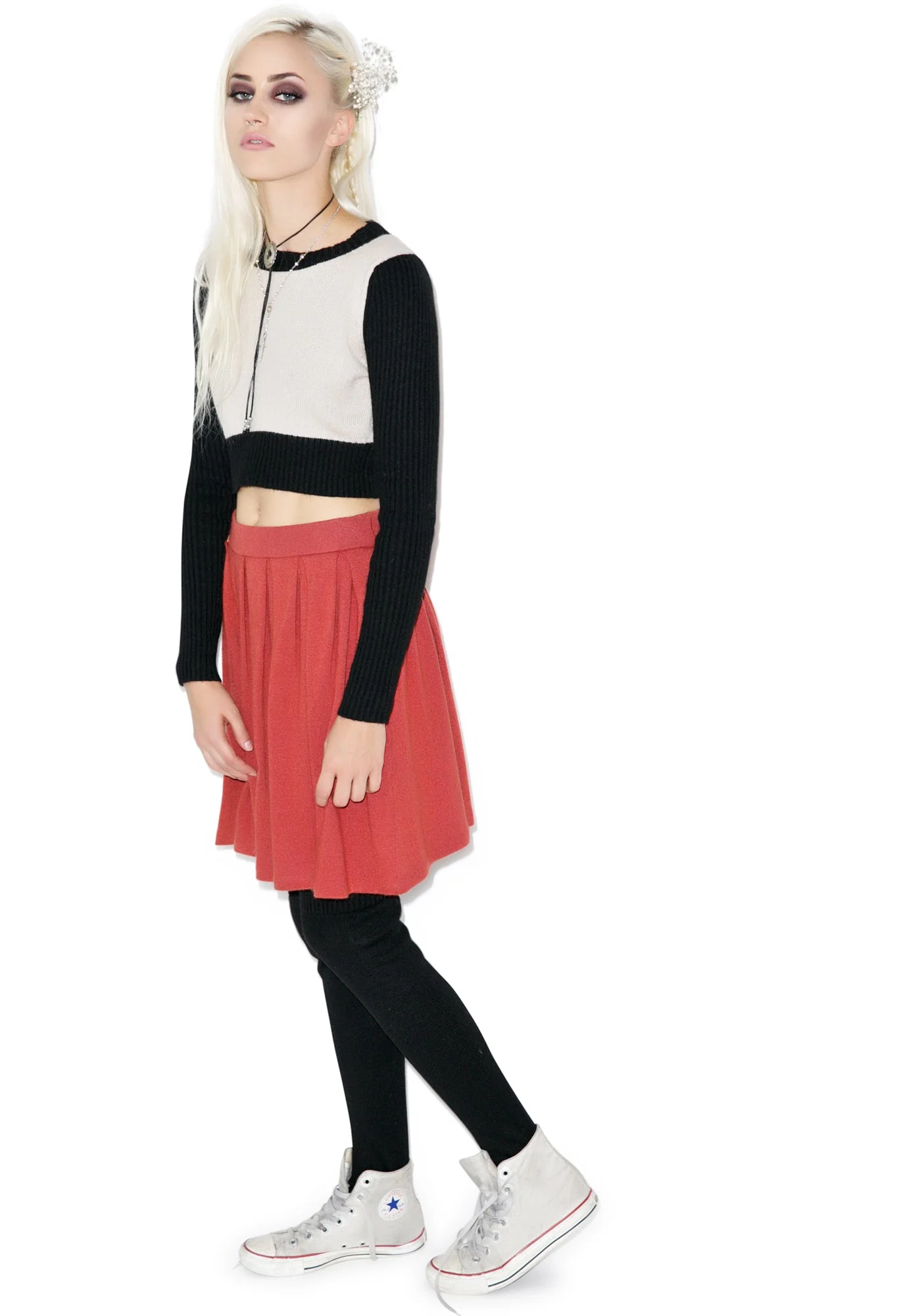 Solid Color Pleated Skirt - Light Red - Image 5