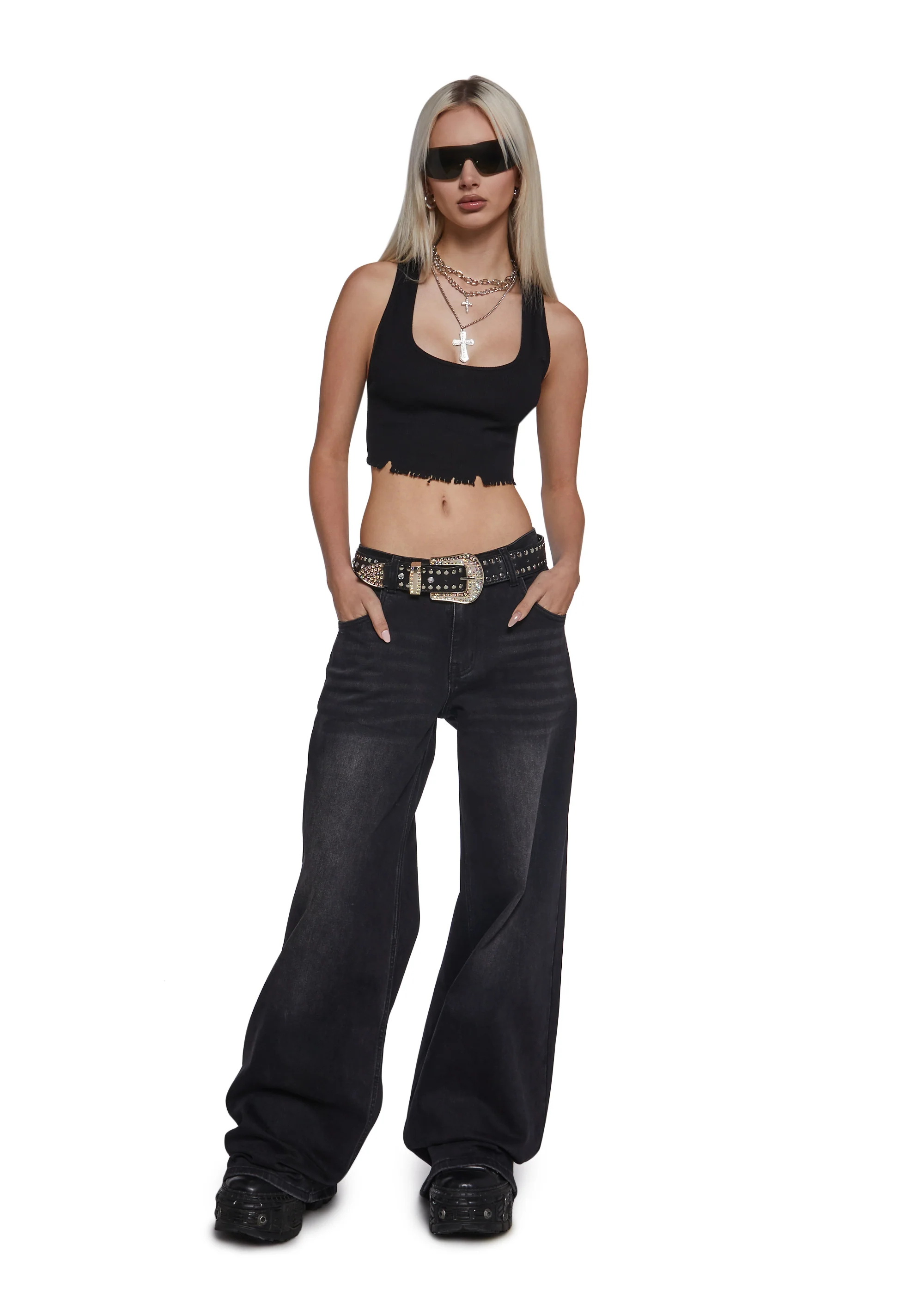 Sinful Attitude Wide Leg Jeans - Black Glitter - Image 2