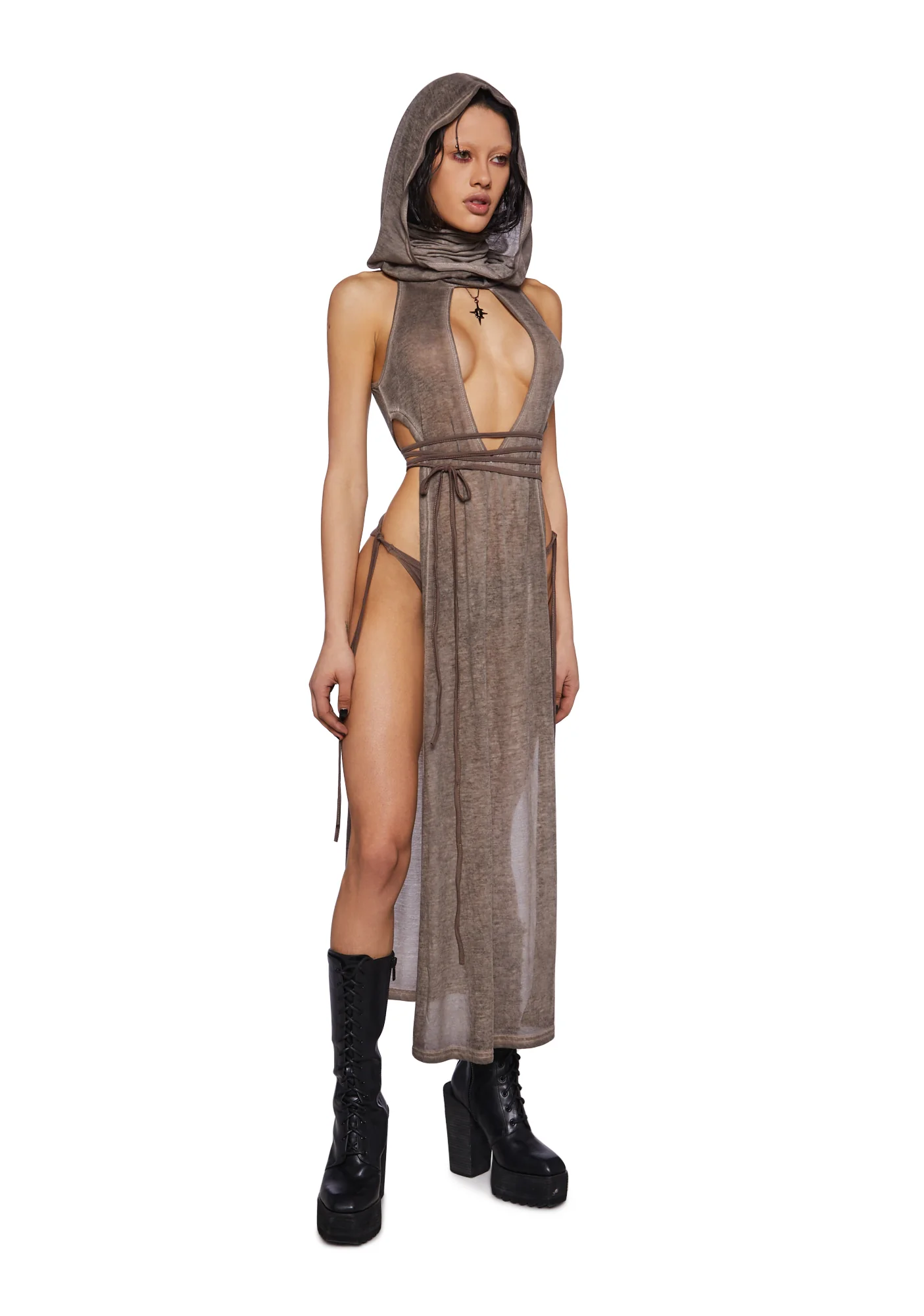 Crossfade Hooded Maxi Keyhole Tank And Panty Set - Brown - Image 5