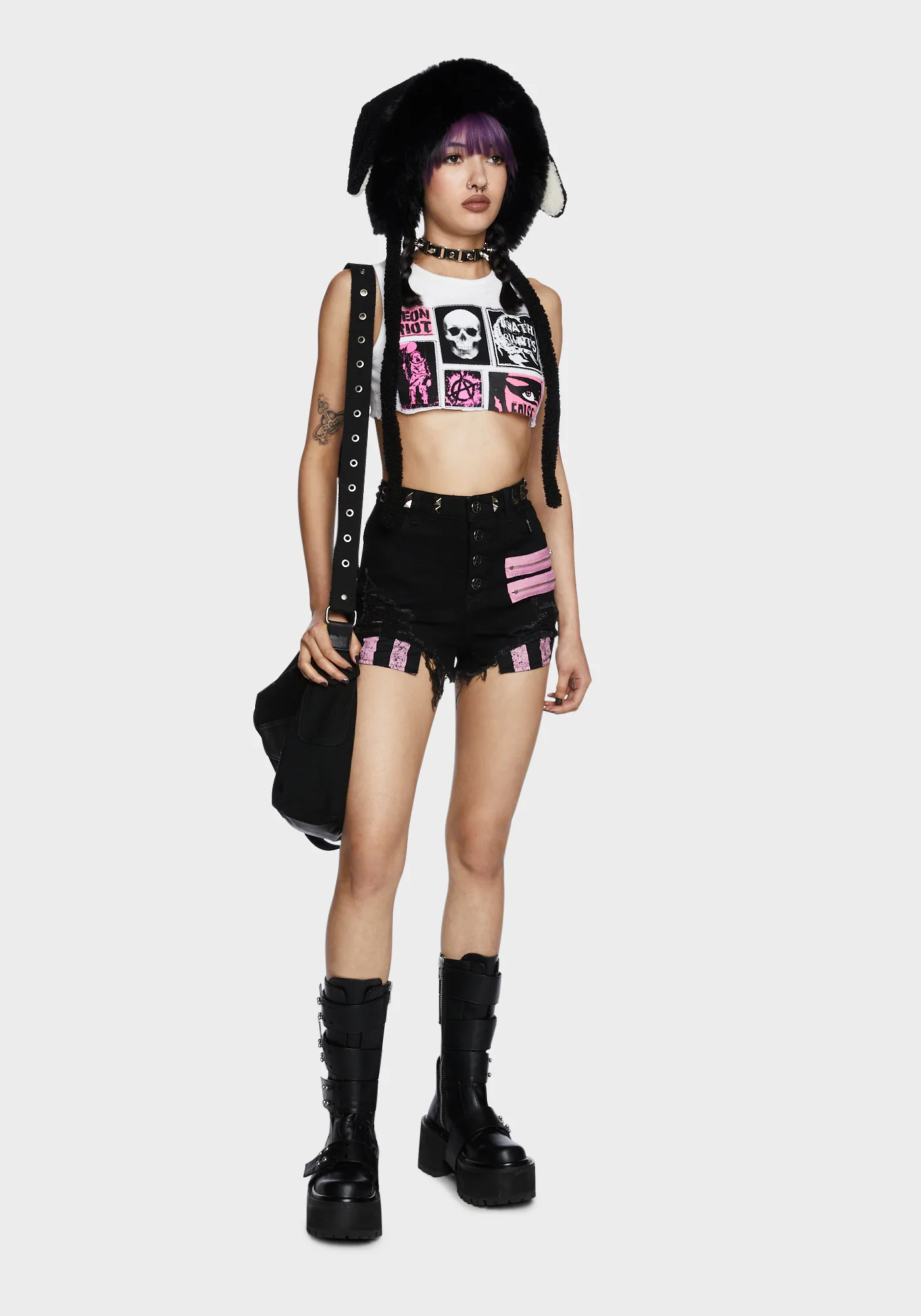 The Dead Instead Distressed Shorts - Black/Pink - Image 2
