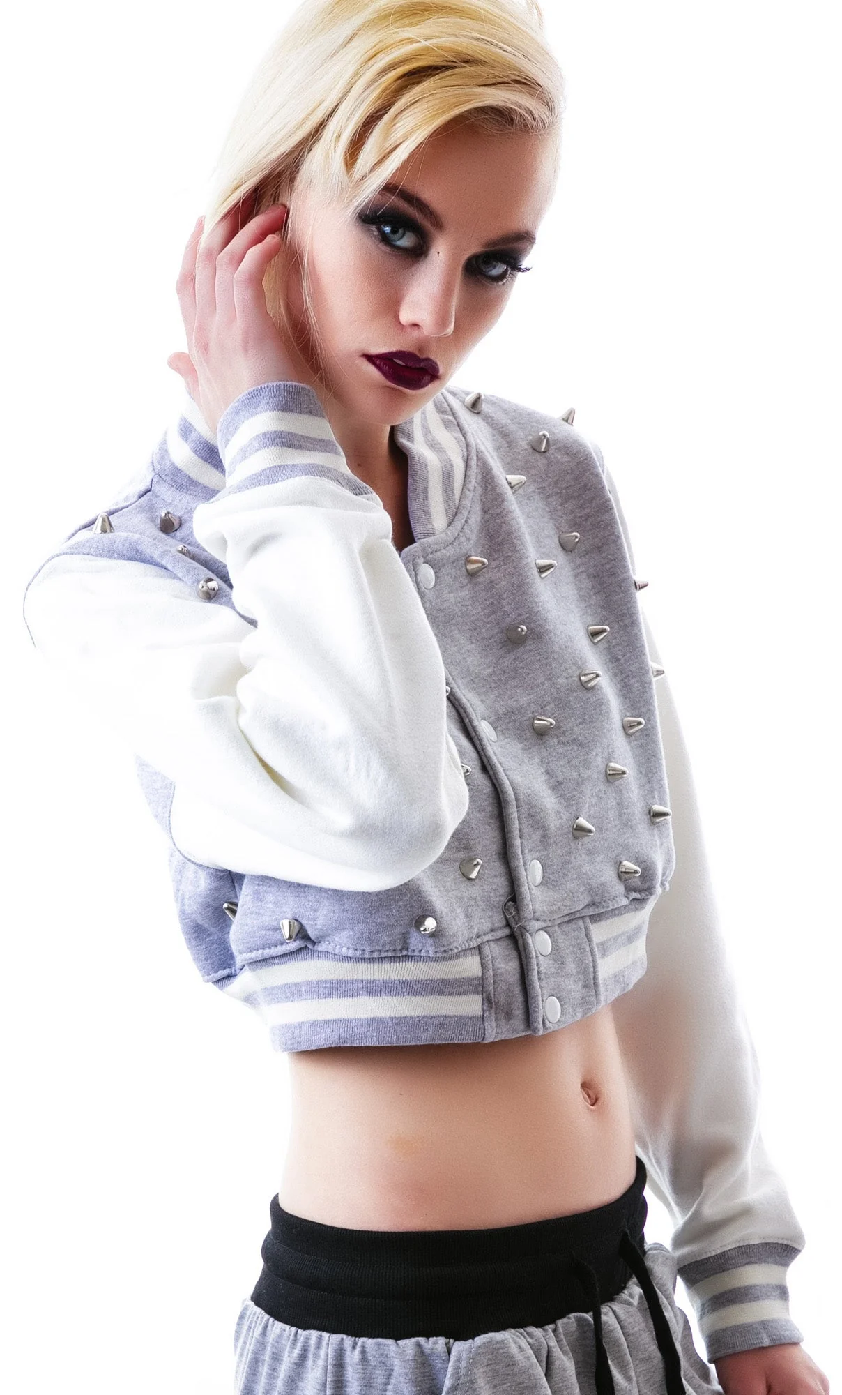 The  Margot Studded Crop Bomber - Gray - Image 4